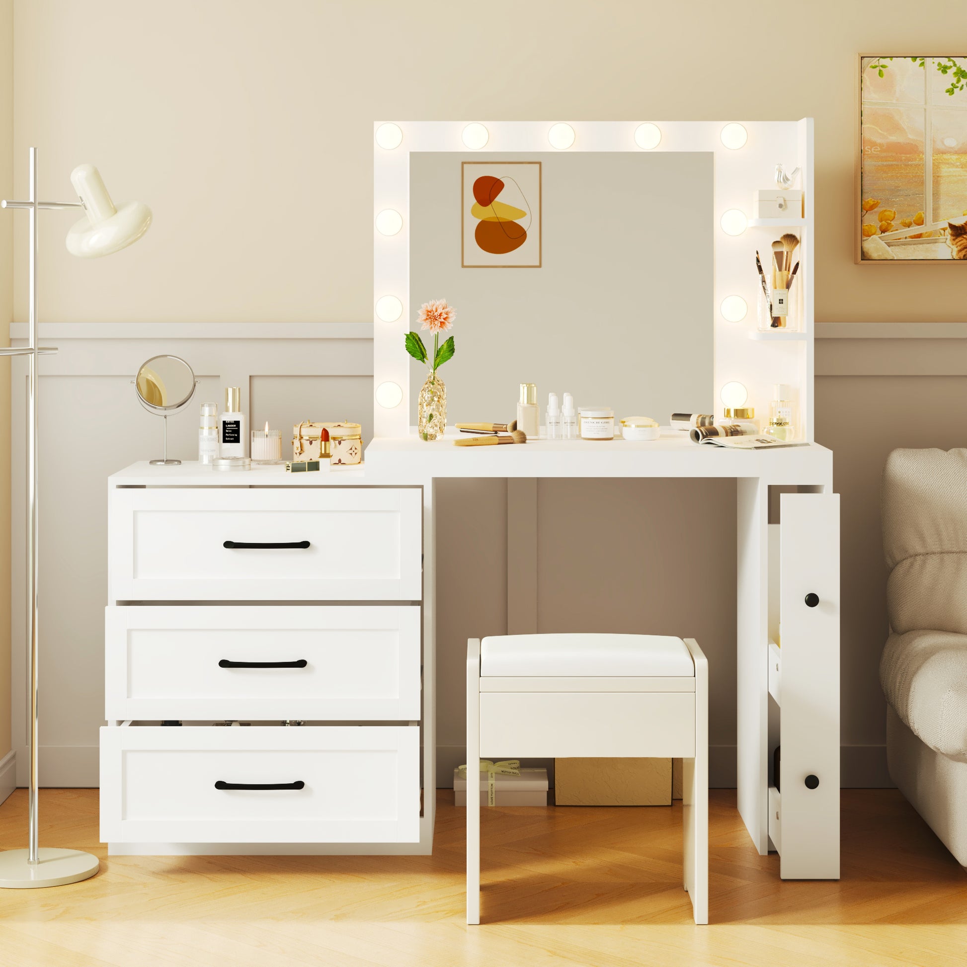 55.2" Vanity Desk With Freely Adjustable Side Cabinet, Makeup Vanity With Hollywood Lights, 5 Storage Drawers & 2 Shelves, Modern Dressing Table, White White Mdf,Tempered Glass
