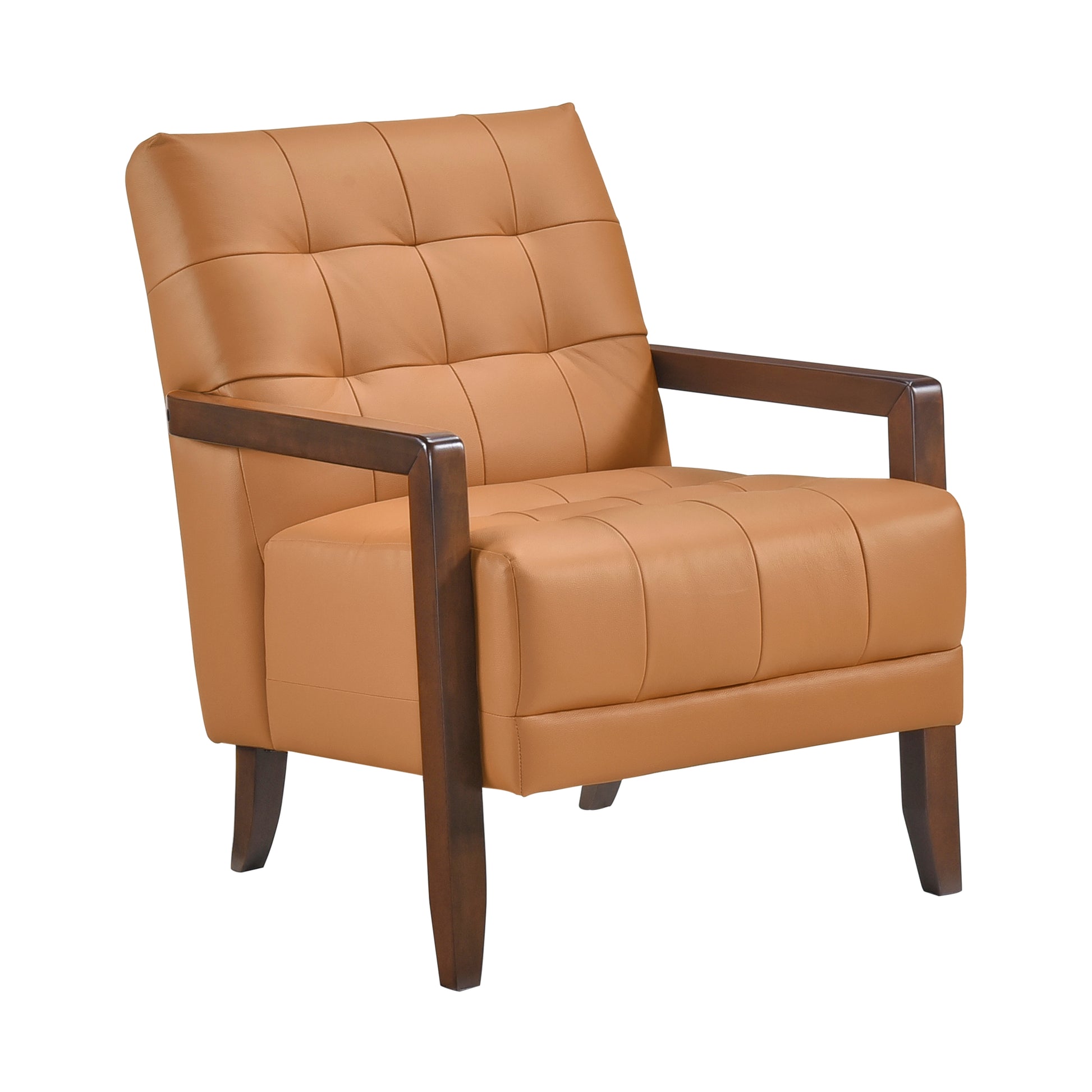 Modern Style Accent Chair Orange Leather Upholstered Tufted Detail Walnut Finish Wood Furniture 1Pc Orange Primary Living Space Contemporary,Modern Plywood
