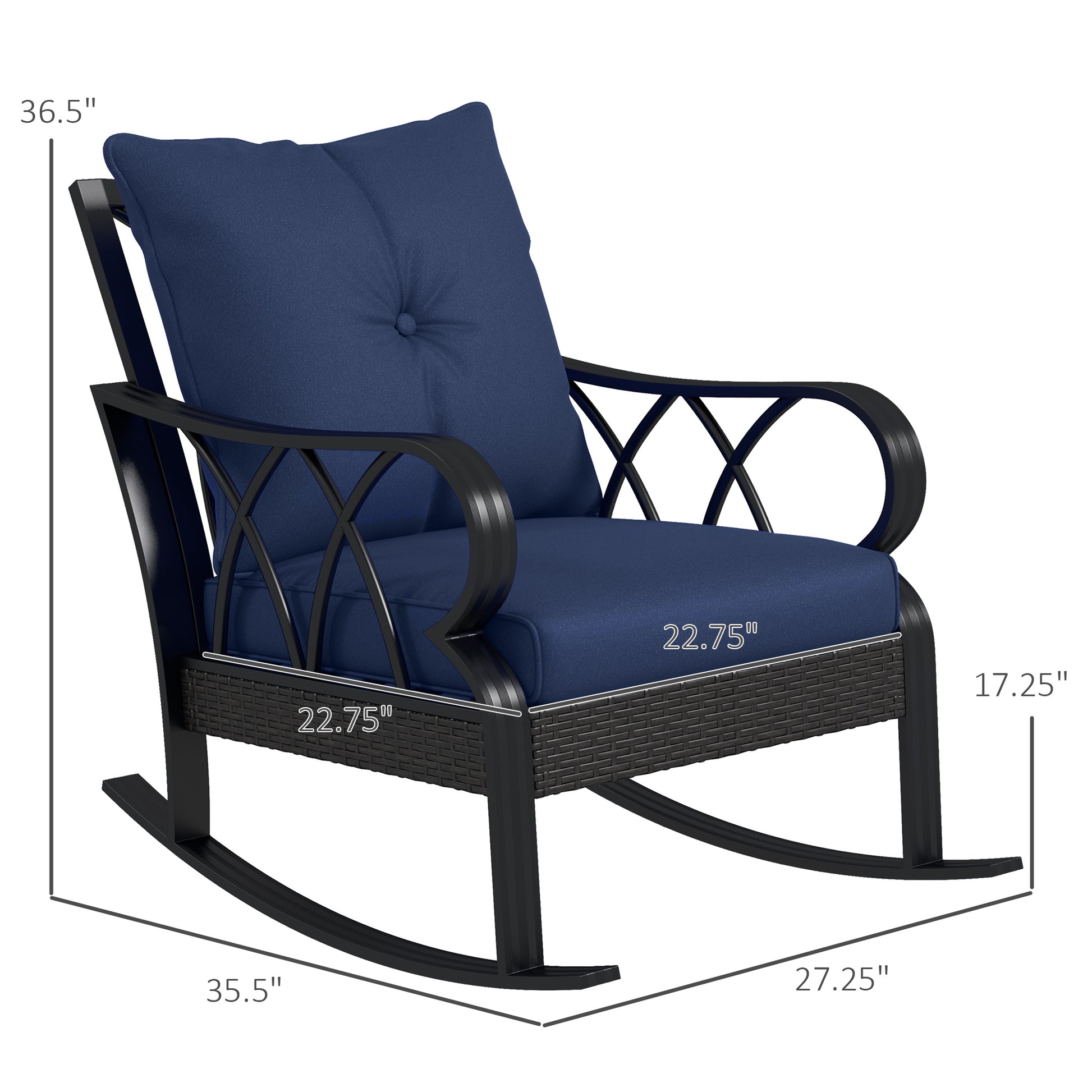 Outsunny Outdoor Wicker Rocking Chair With Padded Cushions, Aluminum Furniture Rattan Porch Rocker Chair W Armrest For Garden, Patio, And Backyard, Navy Blue Blue Aluminum