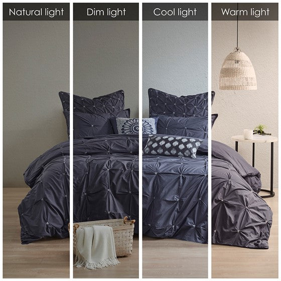 3 Piece Elastic Embroidered Cotton Duvet Cover Set Queen Dark Navy Cotton