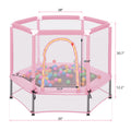 55'' Toddlers Trampoline With Safety Enclosure Net And Balls, Indoor Outdoor Mini Trampoline For Kids Pink Metal