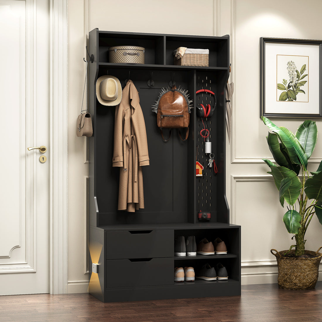 Hall Tree With 6 Hooks,Coat Hanger, Entryway Bench, Storage Bench,For Entrance, Hallwa,Black Black Mdf