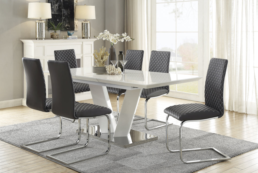 Modern Contemporary 7Pc Dining Set White High Gloss Finish Table W Extension Leaf V Shaped Support Gray Faux Leather Upholstered Chairs Diamond Pattern Stitching Luxury Furniture Set Chrome,Gray,White Seats 6 Dining Room Self Storing Leaf