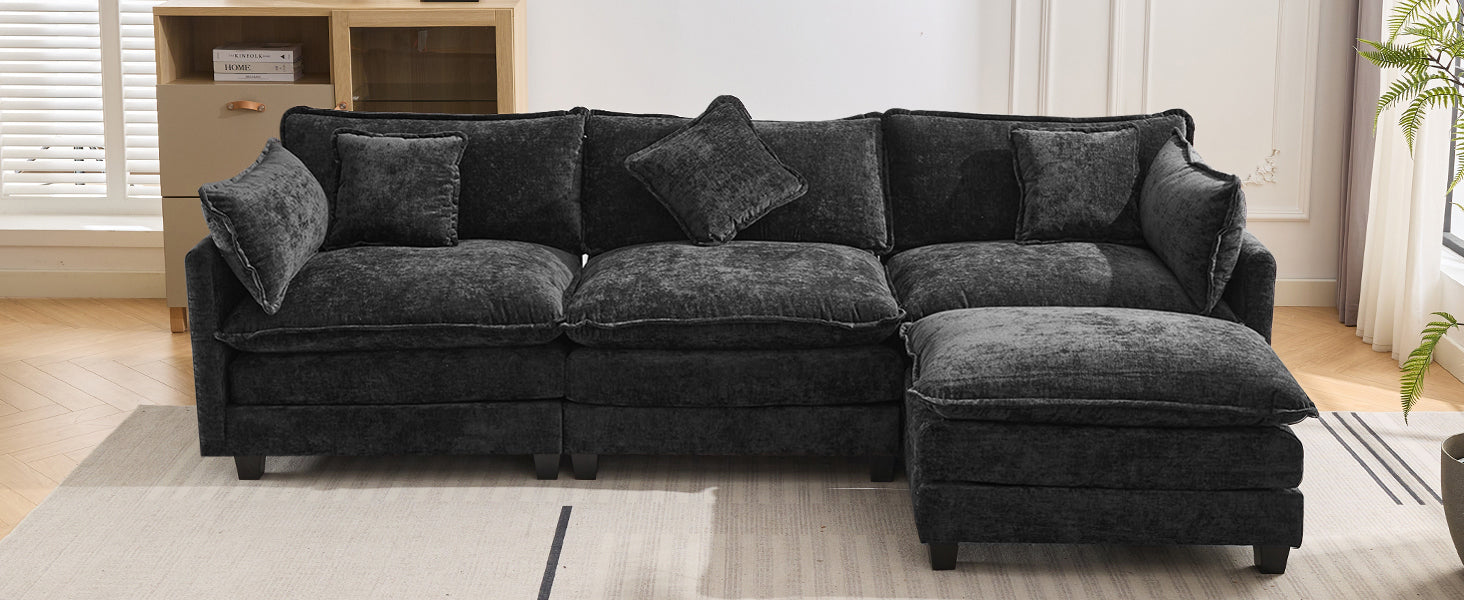 112.2" L Shape Chenille Upholstered Sofa For Living Room Modern Luxury Sofa Couch With Ottoman And 5 Pillows For Living Room Sg001160Aa , Black Black Foam 4 Seat