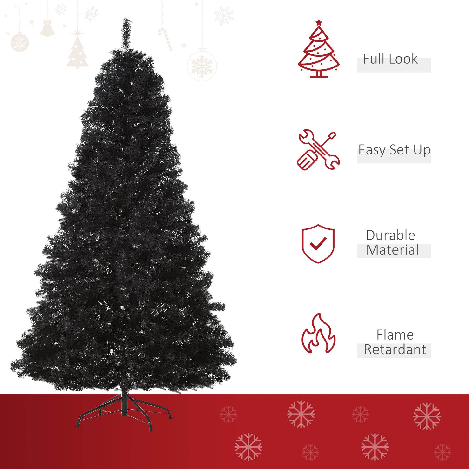 Homcom 7Ft Artificial Christmas Tree Unlit Douglas Fir With Realistic Branches And 1346 Tips, Black Halloween Style Black Plastic