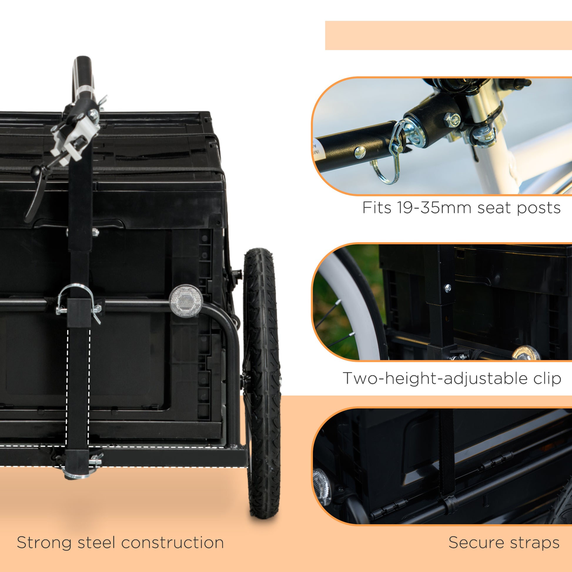 Aosom Bike Cargo Trailer, Bicycle Trailer Wagon Cart With Removable Storage Box, Quick Release 16" Wheels And Safe Reflectors, Galvanized Bottom Black Steel