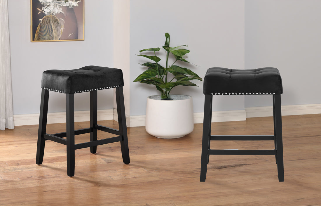 2Pc Black Saddle 27" Counter Stool Modern Style Kitchen Bar Black Velvet Finish Upholstered Seat Nail Head Trim Black Dining Room Contemporary,Modern Fabric,Wood