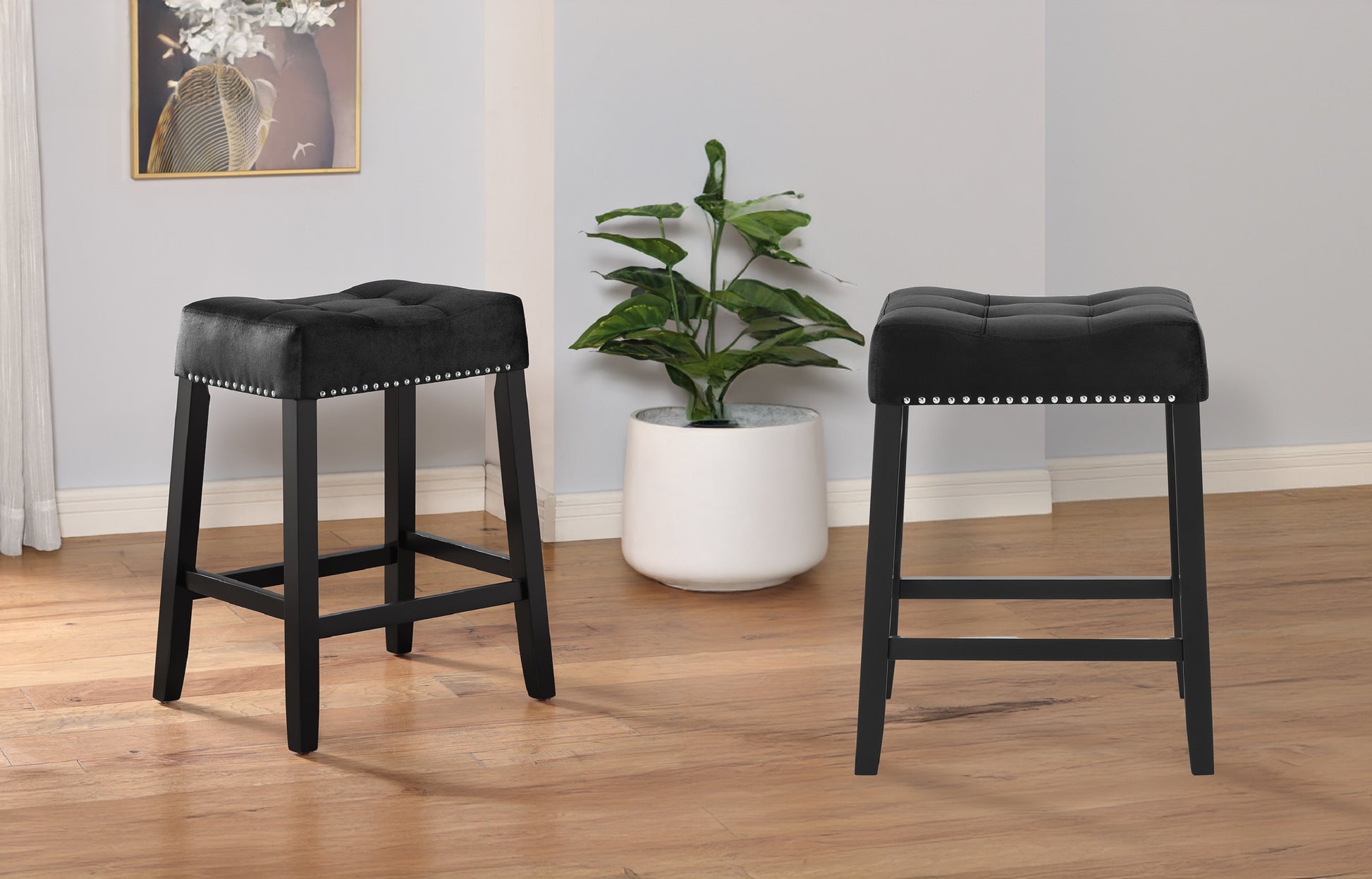 2Pc Black Saddle 27" Counter Stool Modern Style Kitchen Bar Black Velvet Finish Upholstered Seat Nail Head Trim Black Dining Room Contemporary,Modern Fabric,Wood