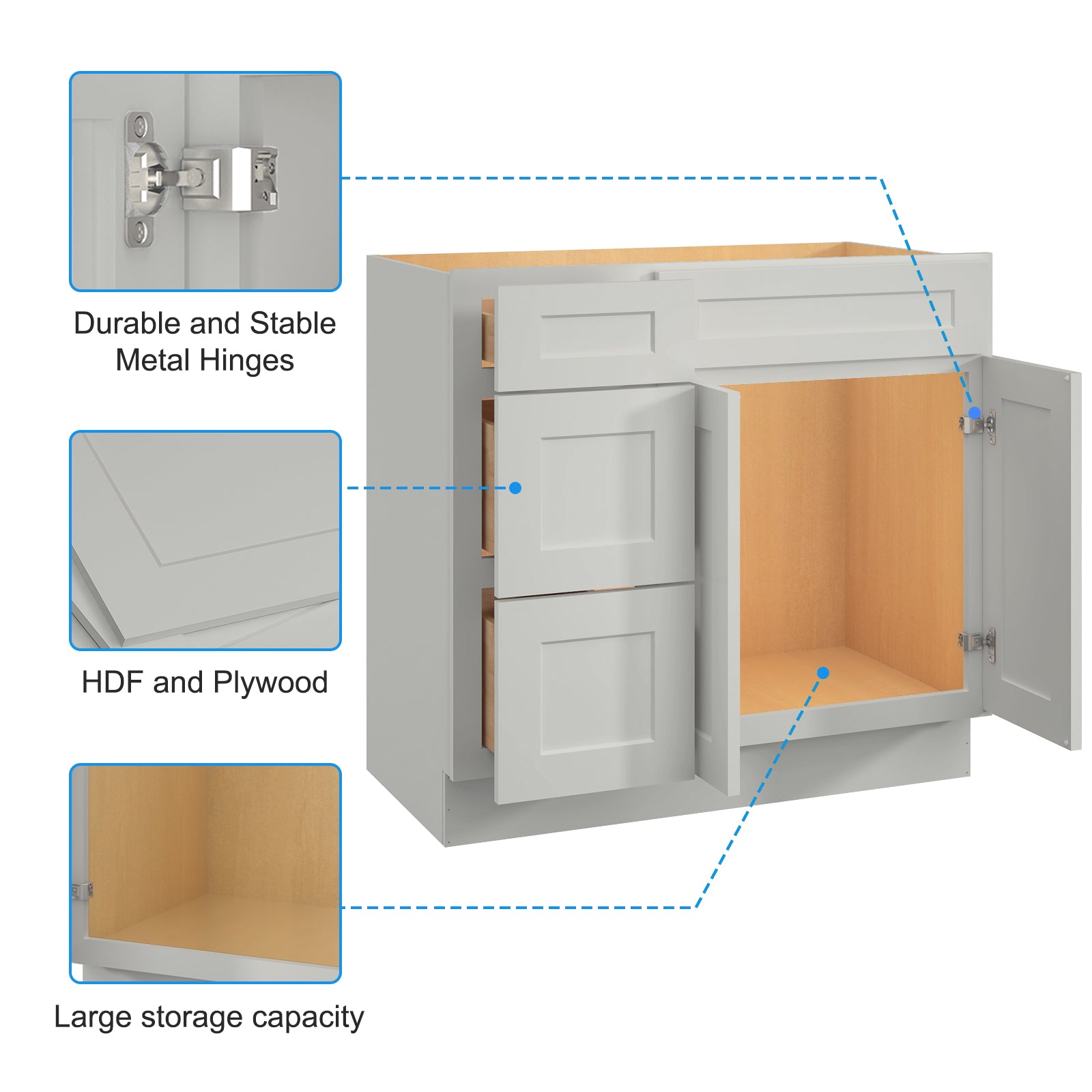 36 In. W X 21 In. D X 34.5 In. H In Shaker Dove Plywood Ready To Assemble Floor Vanity Sink Base Kitchen Cabinet With Left Door Light Gray Plywood
