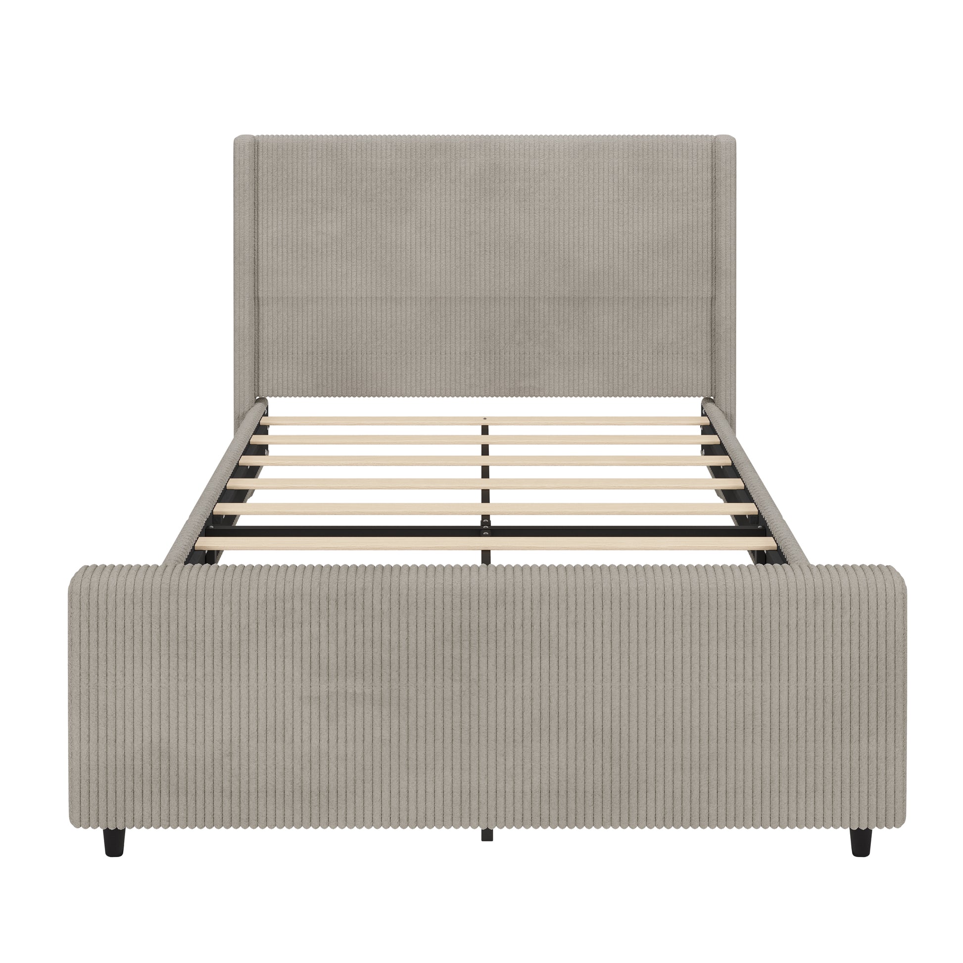 50.7'' High Headboard Corduroy Upholstered Bed Frame With Vertical Stripe Wingback And High Footboard No Box Spring Needed, Queen Size, Taupe Box Spring Not Required Queen Taupe Wood Bedroom Modern Bed Frame Wood