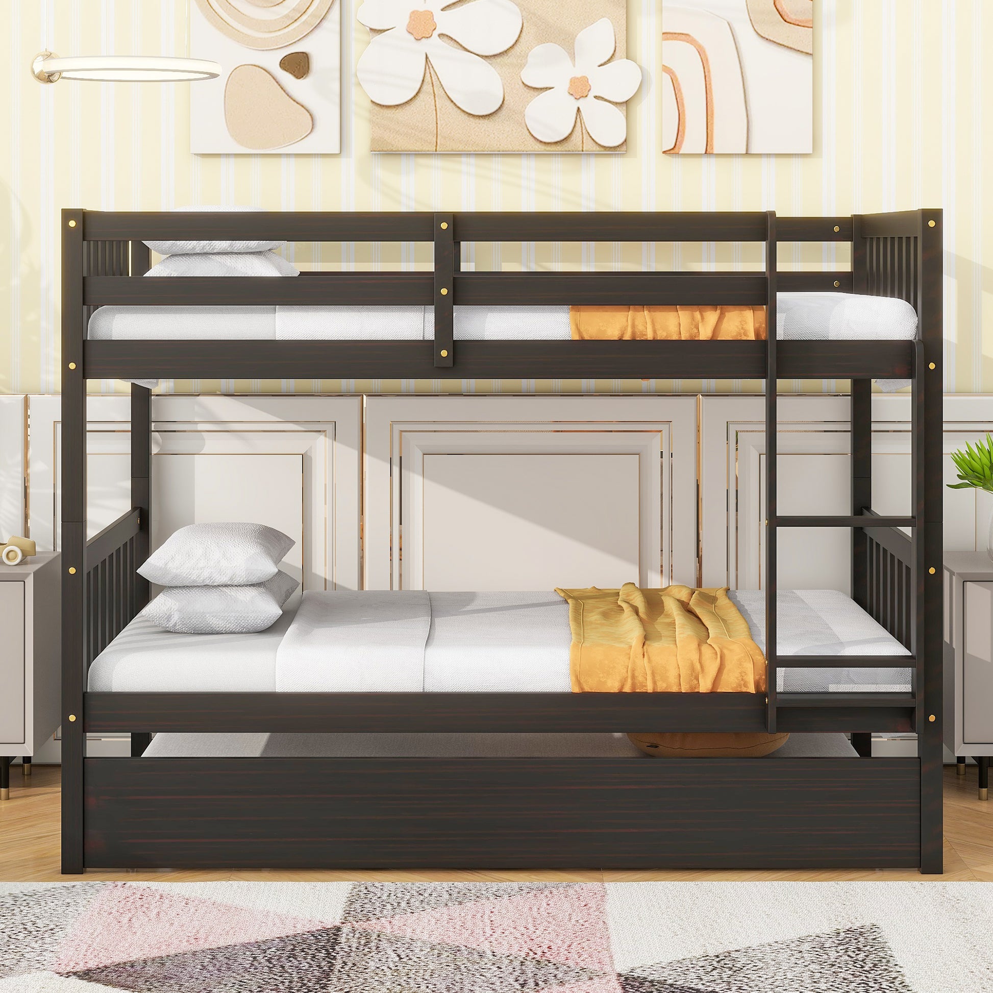 Twin Over Twin Rubber Wood Bunk Bed With Trundle, Convertible Into 2 Twin Size Beds, Twin Size Bunk Bed With Ladder And Safety Guardrails,Espresso Twin Espresso Rubber Wood