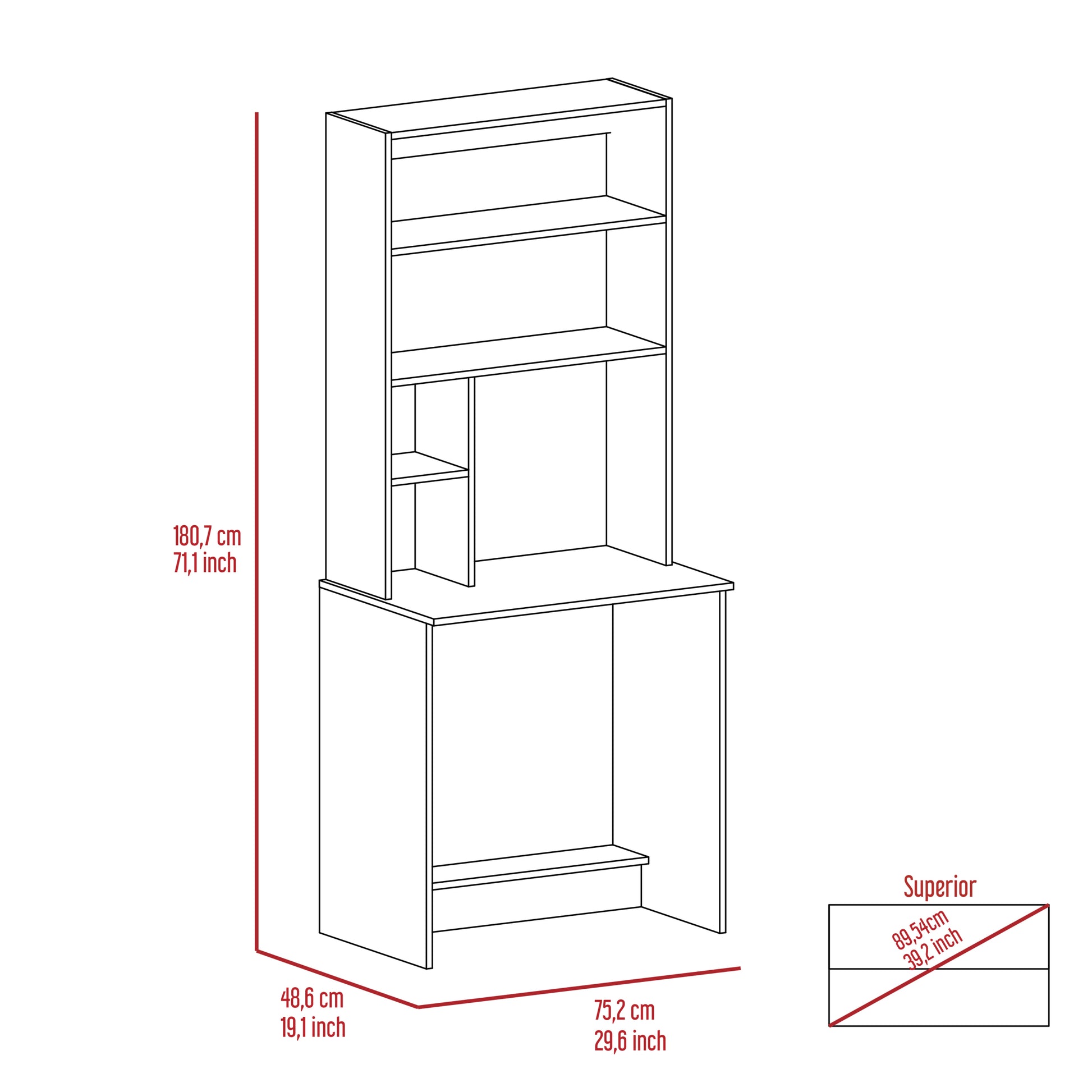 Sawgrass Writing Computer Desk, Hutch, Four Shelves Black Computer Desk Office Modern Freestanding Pine Rectangular Melamine Engineered Wood