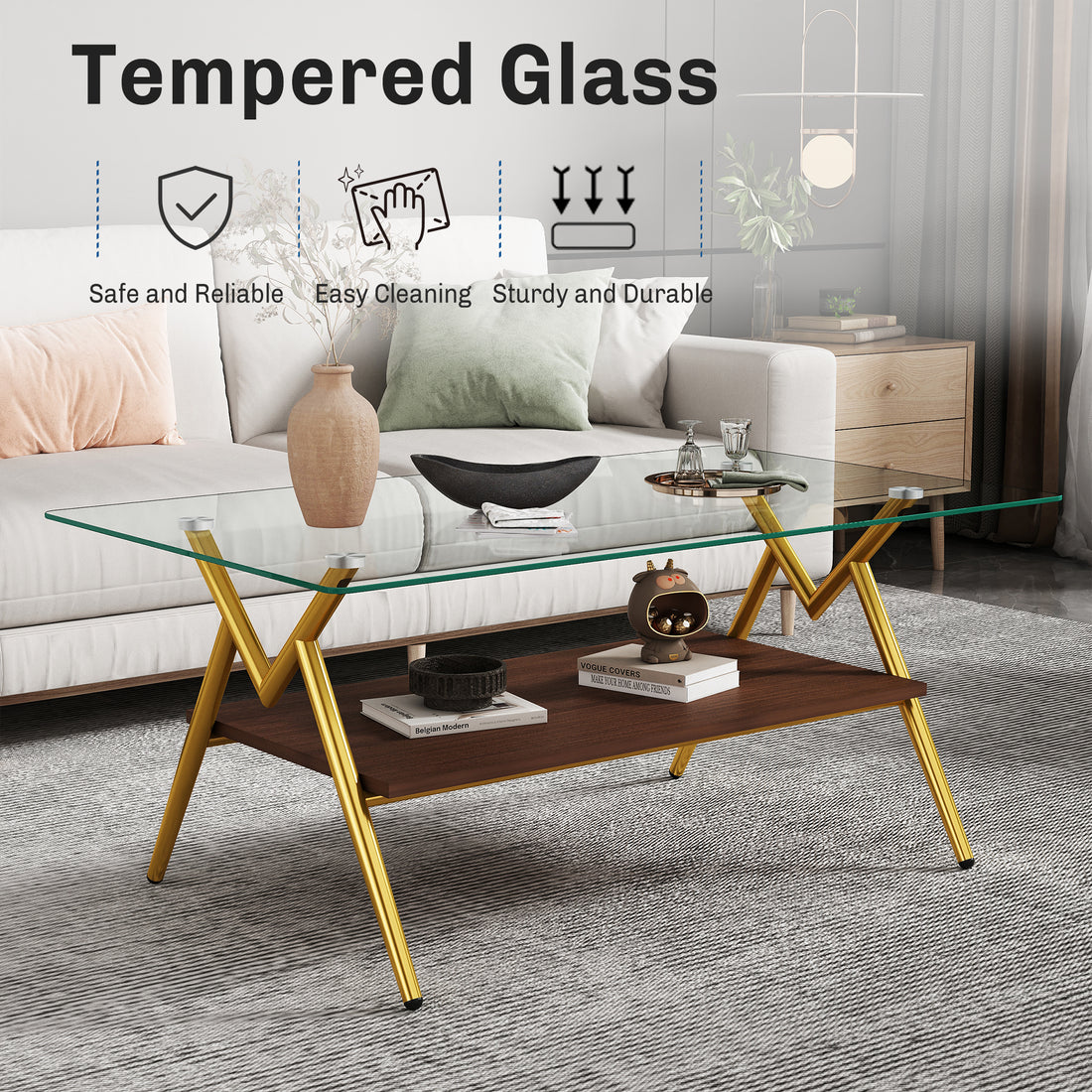 Coffee Table And End Tables Set Of 3, Tempered Glass Table With Mdf Layer, Modern Tables For Living Roomtransparent Glass Transparent Tempered Glass