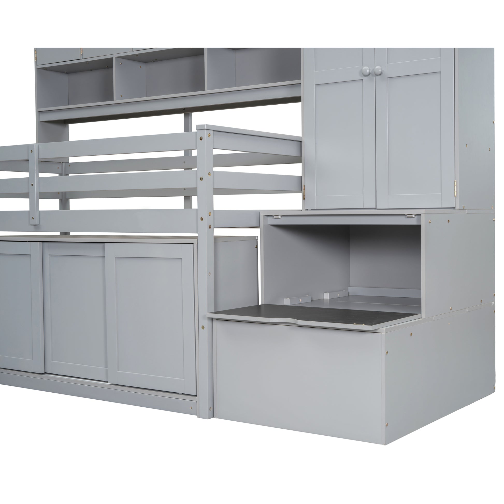 Twin Size Wooden Loft Bed Big Storage With Under Bed Desk, With Drawers, With Shelves, Gray Twin Gray Plywood