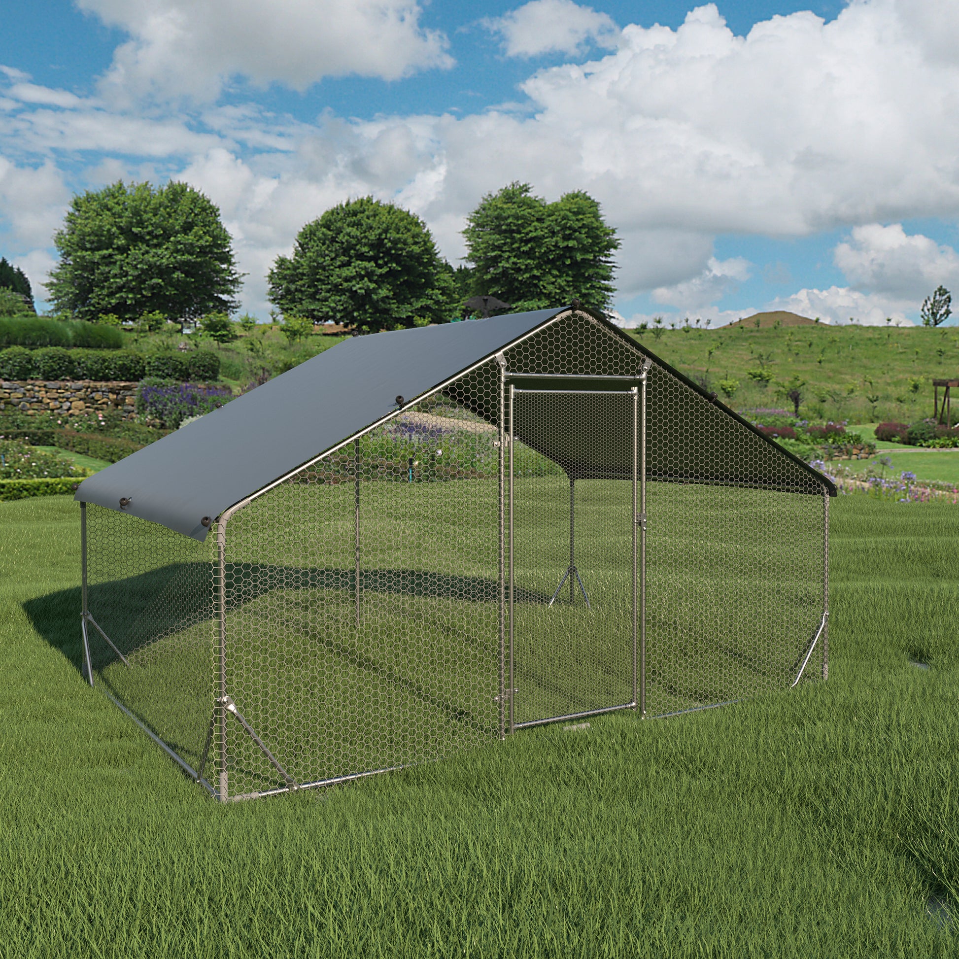 Large Metal Chicken Coop Upgrade Three Support Steel Wire Impregnated Plastic Net Cage, Oxford Cloth Silver Plated Waterproof Uv Protection, Duck Rabbit Sheep Bird Outdoor House 9.8'W X 6.6'L X 6.5'H Silver Metal