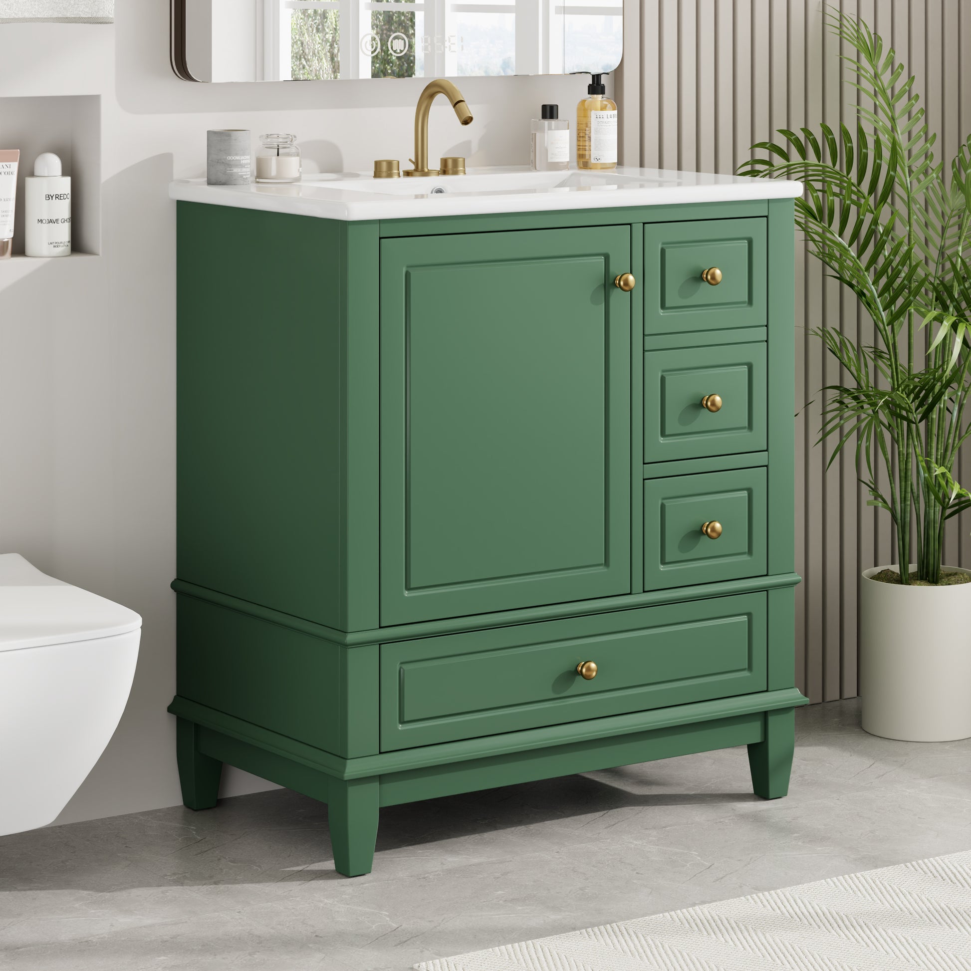 30" Bathroom Vanity With Sink, One Door With Shelf And Three Drawers, Soft Close Door, Green Green Ceramic Mdf,Rubber Wood