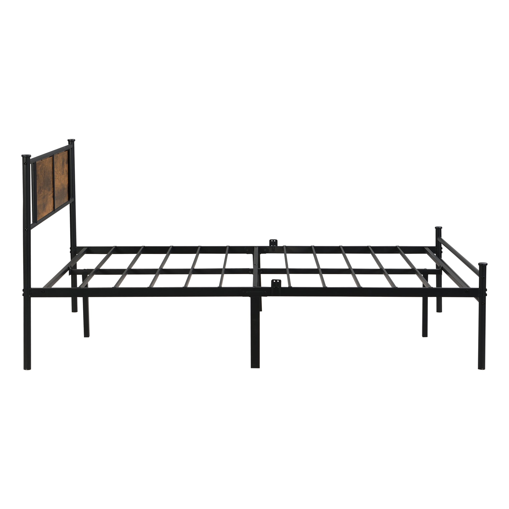 King Size Metal Bedframe,Headboard With Wood Panel Decoration,Black Black Brown Metal