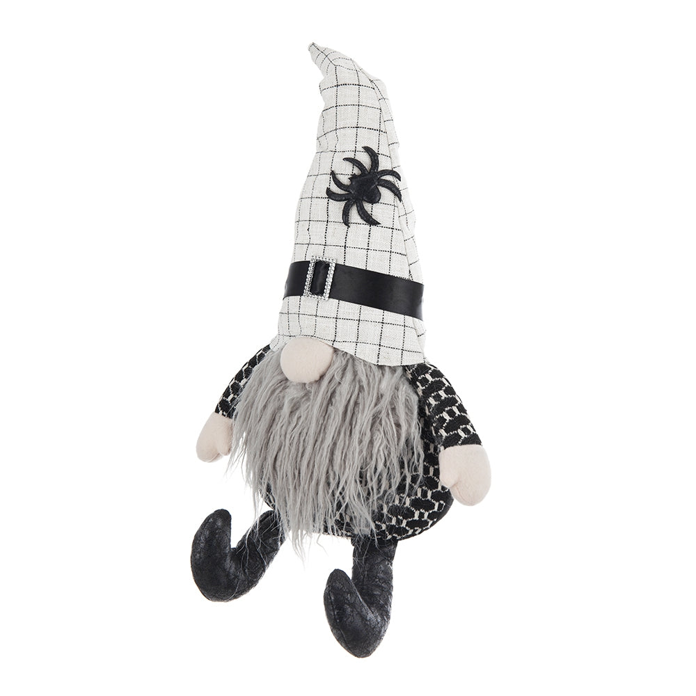 Set Of 2, 10.2X5.5X23.5" Fabric Sitting Gnome With White Hat Spider, For Halloween Decor Black White Polyester