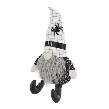 10.2X5.5X23.5" Fabric Sitting Gnome With White Hat Spider, For Halloween Decor Black White Polyester