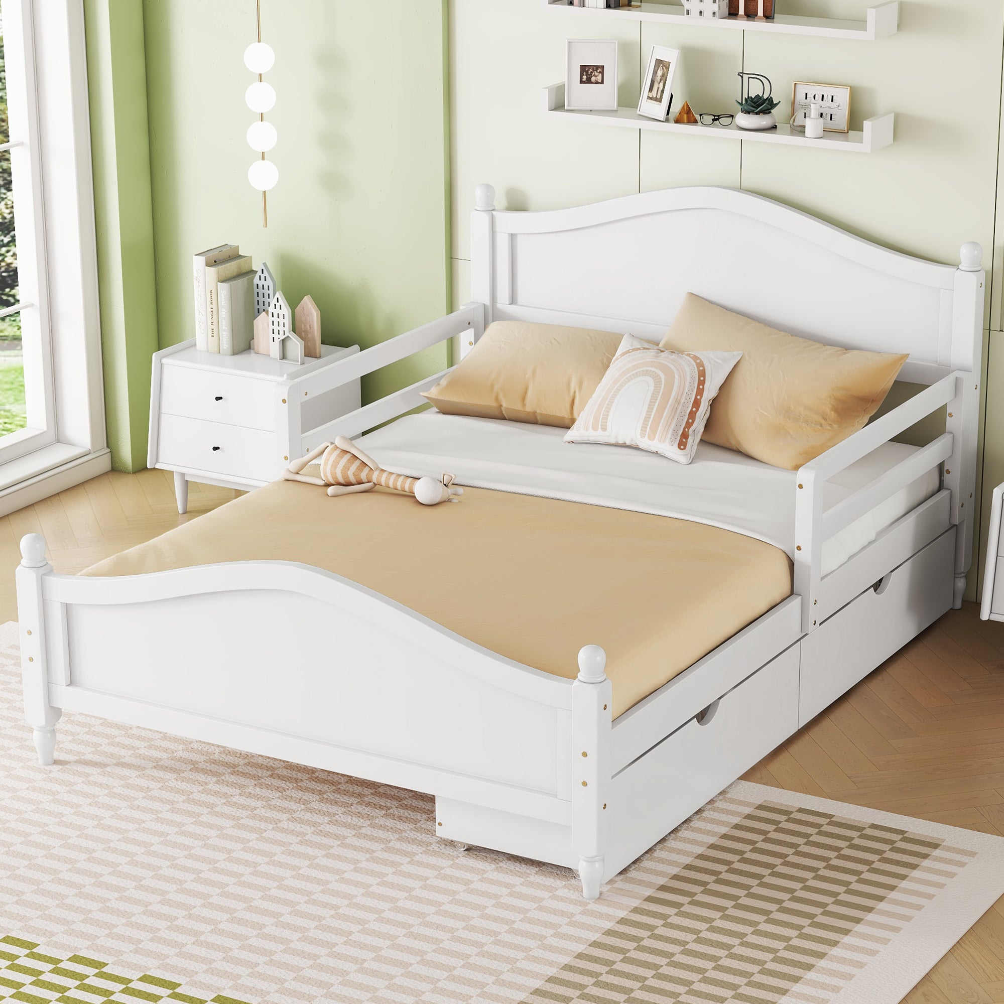 Full Size Wood Platform Bed With Guardrails On Both Sides And Two Storage Drawers ,White Full White Wood