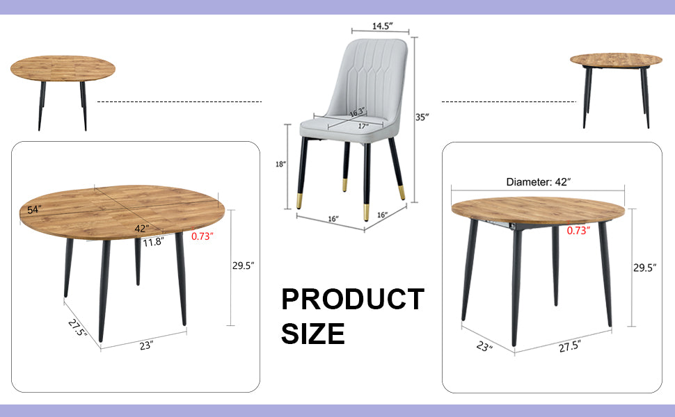 Table And Chair Set.Modern Extendable Wood Mdf Dining Table.The Table Has A Telescopic Design, Suitable For Gatherings Of Different Size.Paired With 4 Chairs With Pu Cushions And Black Metal Legs. Light Gray,Wood Seats 4 Mdf Metal