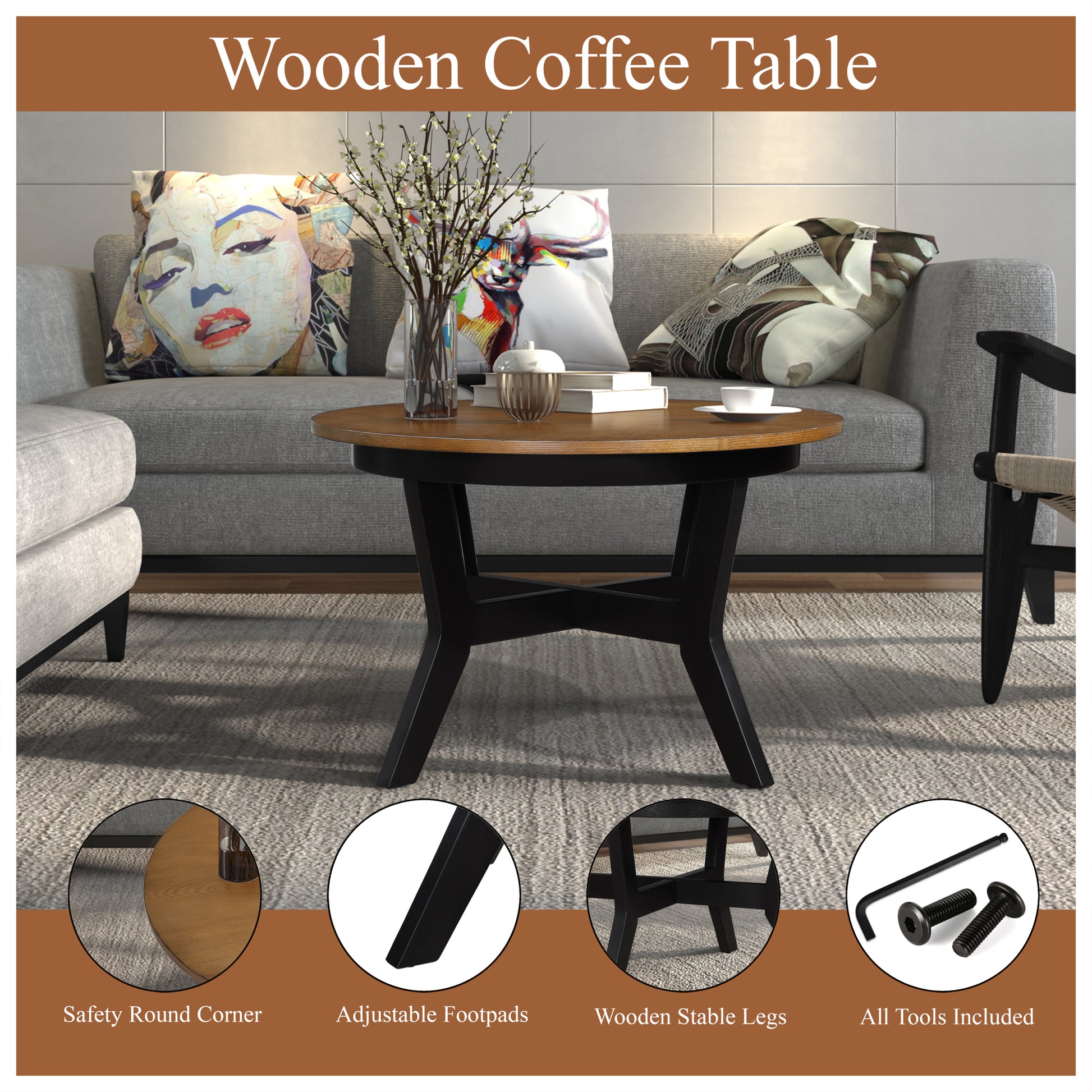 32Inch Wood Round Coffee Table For Living Room,Mid Century Farmhouse Circle Wooden Coffee Tables For Apartment, Easy Assembly,Black And Walnut Top Walnut Black Rubber Wood