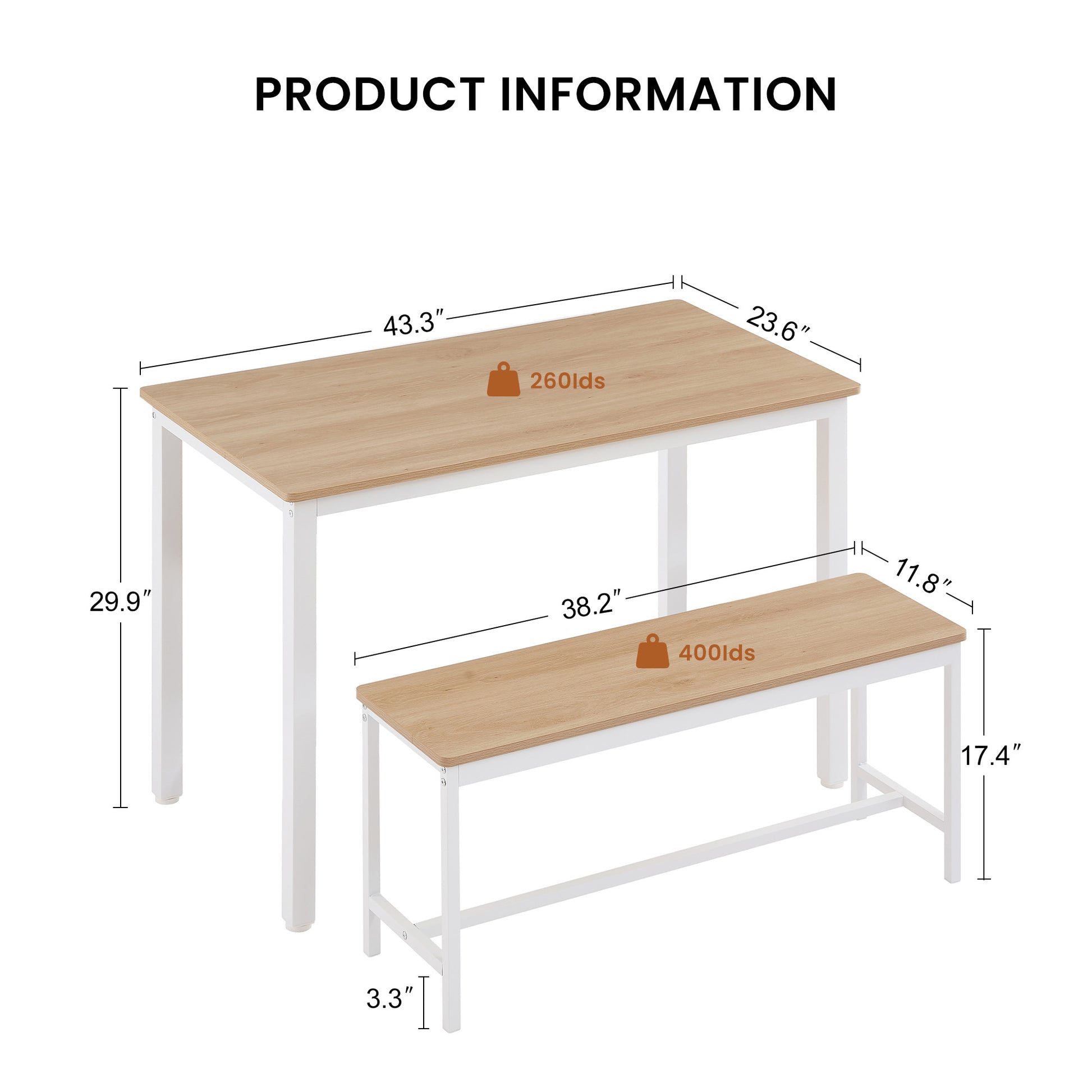 Dining Table Set, Bar Table With 2 Dining Benches, Kitchen Table Counter With Chairs, Industrial For Kitchen Breakfast Table, Living Room, Party Room, Natural And White43.3 L X23.6 W X 29.9 H White Natural Particle Board