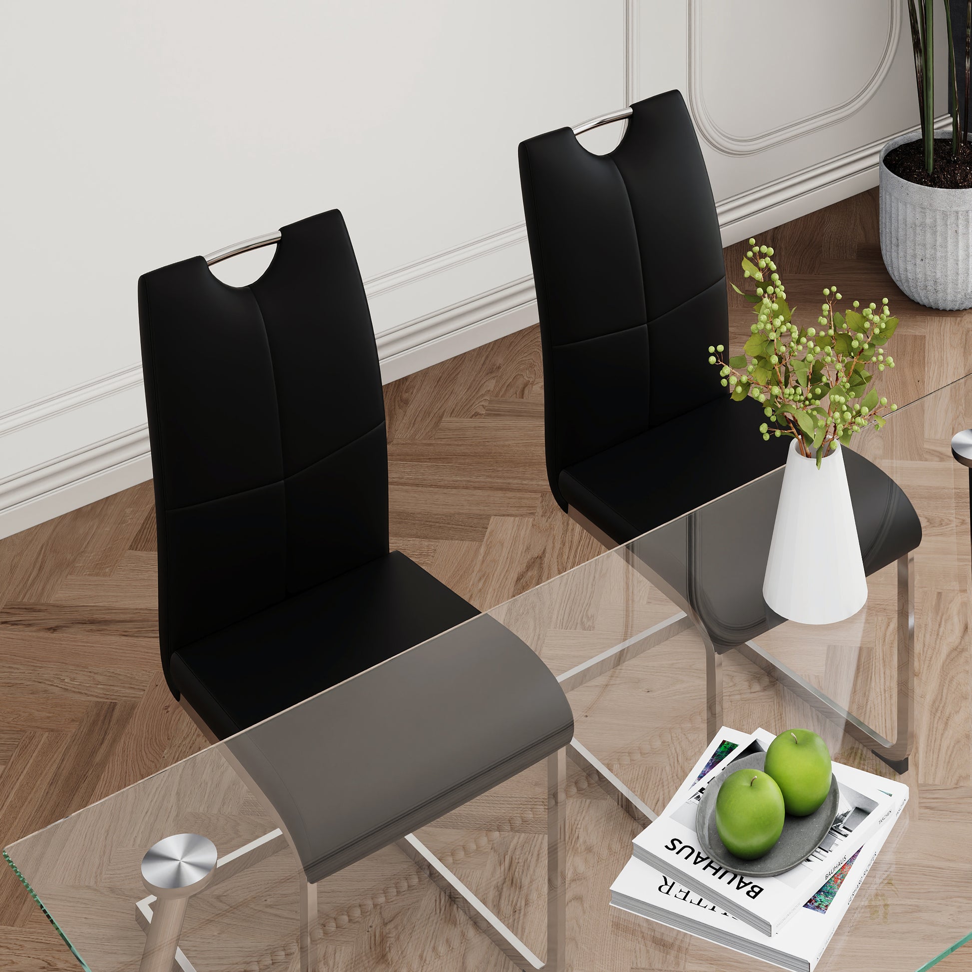 Modern Simple Rectangular Glass Dining Table, Solid Tempered Glass Tabletop, Electroplated Table Legs, Black Pu Dining Chair Set, Suitable For Restaurant Kitchen Use Set Of 5 Upholstered Chair Glass Black Pu Seats 4 Metal Rectangular Dining Table With