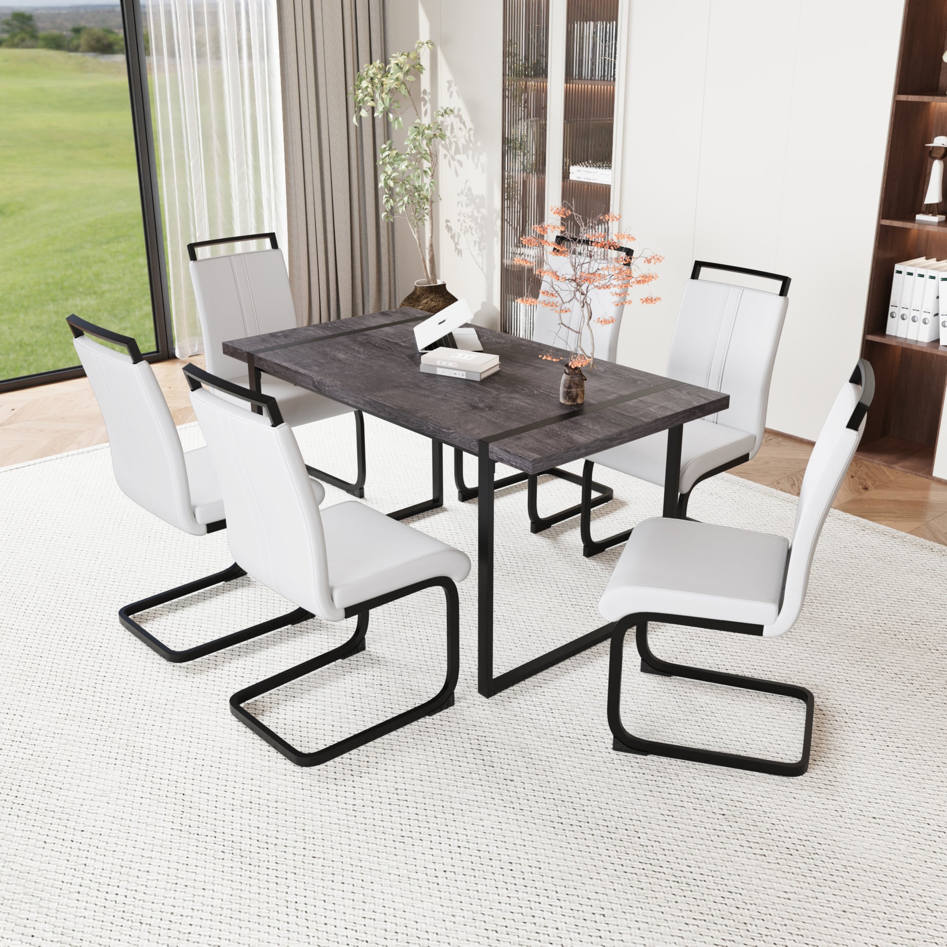 59 "Rural Industrial Rectangular Mdf Black Dining Table Set And Pu Armless Dining Chair Set, 6 Pieces. Kitchen Black Metal Table Leg Dining Chair Set Black White Mdf