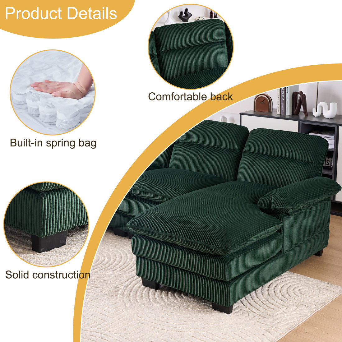 U Shaped Profile Sofa, Including Two Single Seats And Two Chaise, Modular Sofa, Corduroy Sofa Green Foam Corduroy 4 Seat