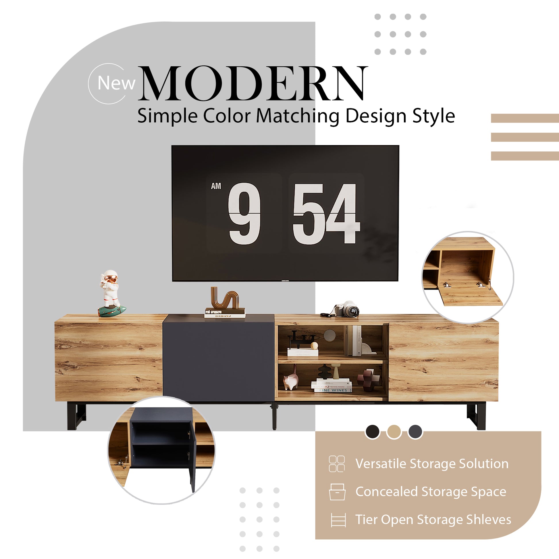 Modern Tv With 3 Cabinets& Open Shelves, Color Matching Media Console Table For Tvs Up To 80'', Entertainment Center With Drop Down Door For Living Room, Bedroom, Home Theatre Wood Brown Primary