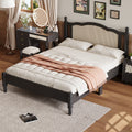 Queen Size Wooden Platform Bed With Natural Rattan Headboard, Vintage Bed Frame With Wooden Slat Support, Black Expected Arrival Time: 08.23 Box Spring Not Required Queen Black Wood