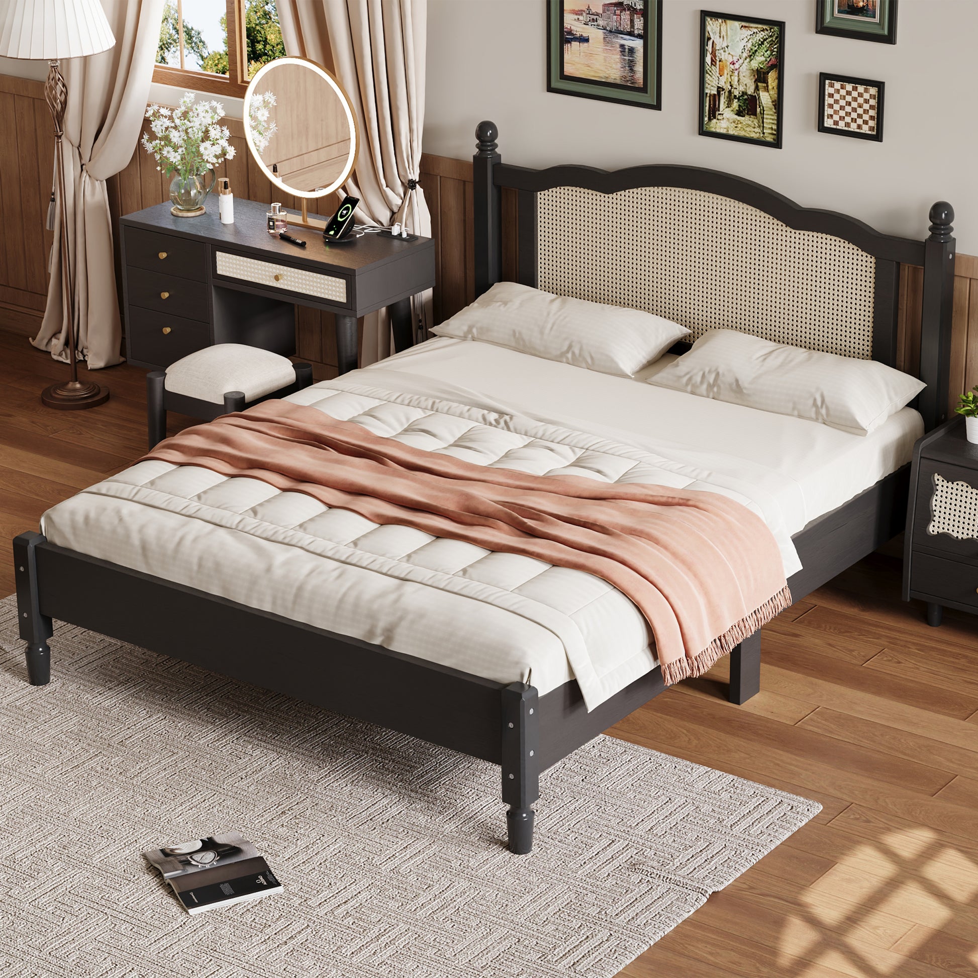 Queen Size Wooden Platform Bed With Natural Rattan Headboard, Vintage Bed Frame With Wooden Slat Support, Black Expected Arrival Time: 08.23 Box Spring Not Required Queen Black Wood