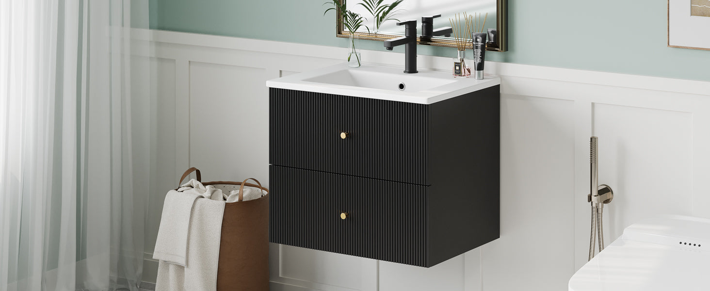 24 Inch Wall Mounted Bathroom Vanity With 2 Drawers Ideal For Small Bathrooms Black Bathroom Mdf