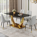 Table And Chair Set.Modern Rectangular Dining Table With Black Textured Stickers Glass Tabletop And Gold Plated Metal Legs.Paried With 4 Comfortable Chairs With Pu Seats And Black Metal Legs. Black