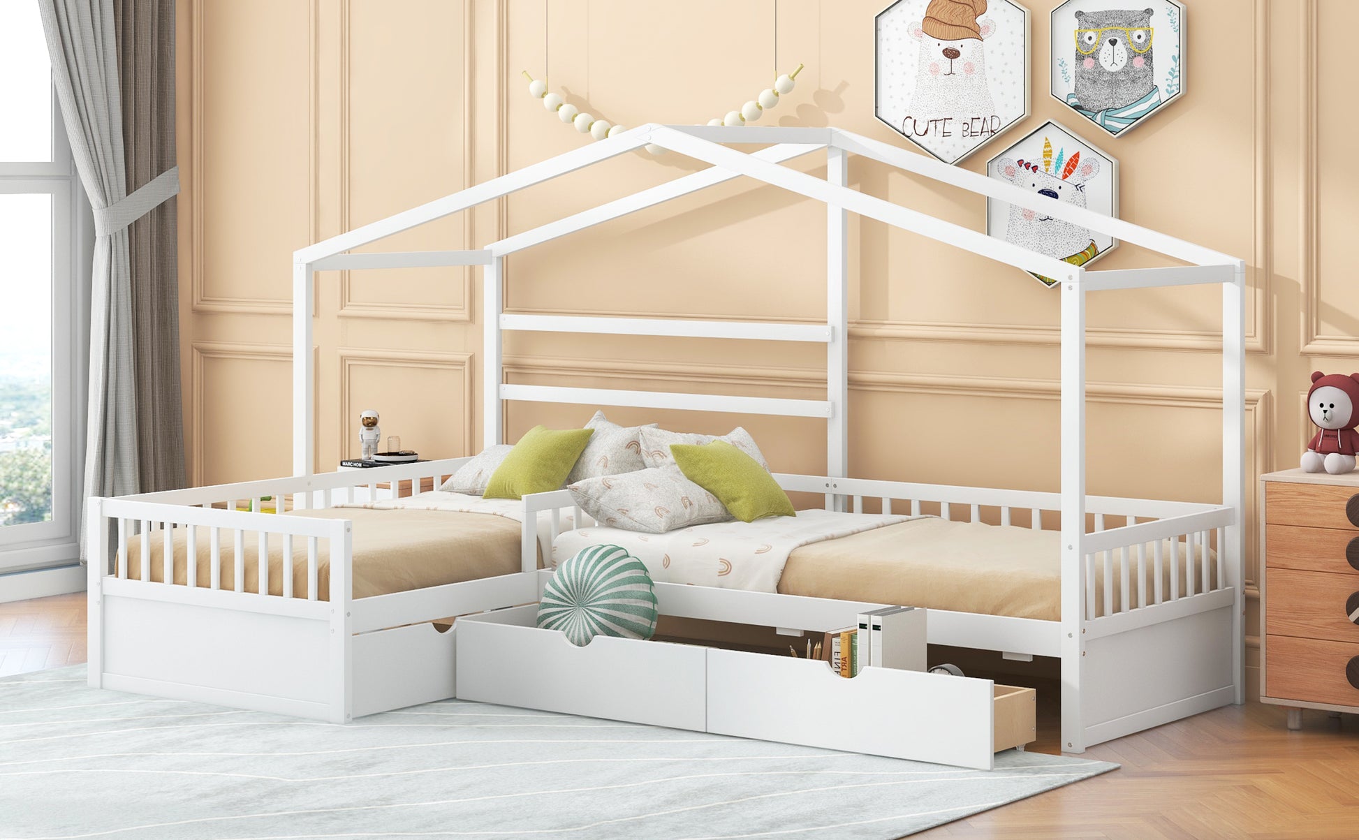 Twin Size House Platform Bed With Three Storage Drawers,White Box Spring Not Required Twin White Wood Bedroom Pine