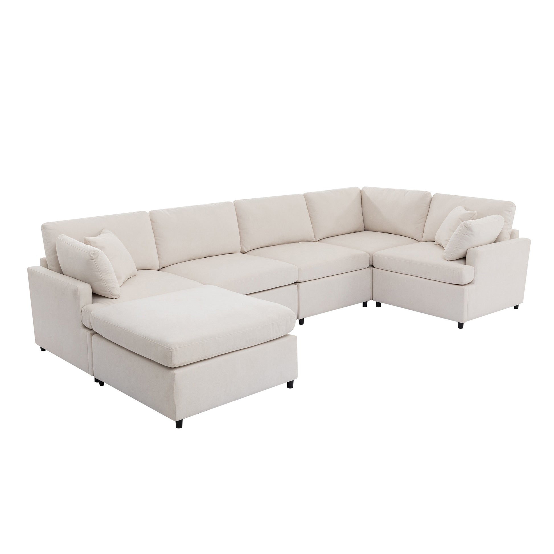 Modern Large U Shape Sectional Sofa, With Removable Ottomans For Living Room 6 Seater Beige Polyester 6 Seat