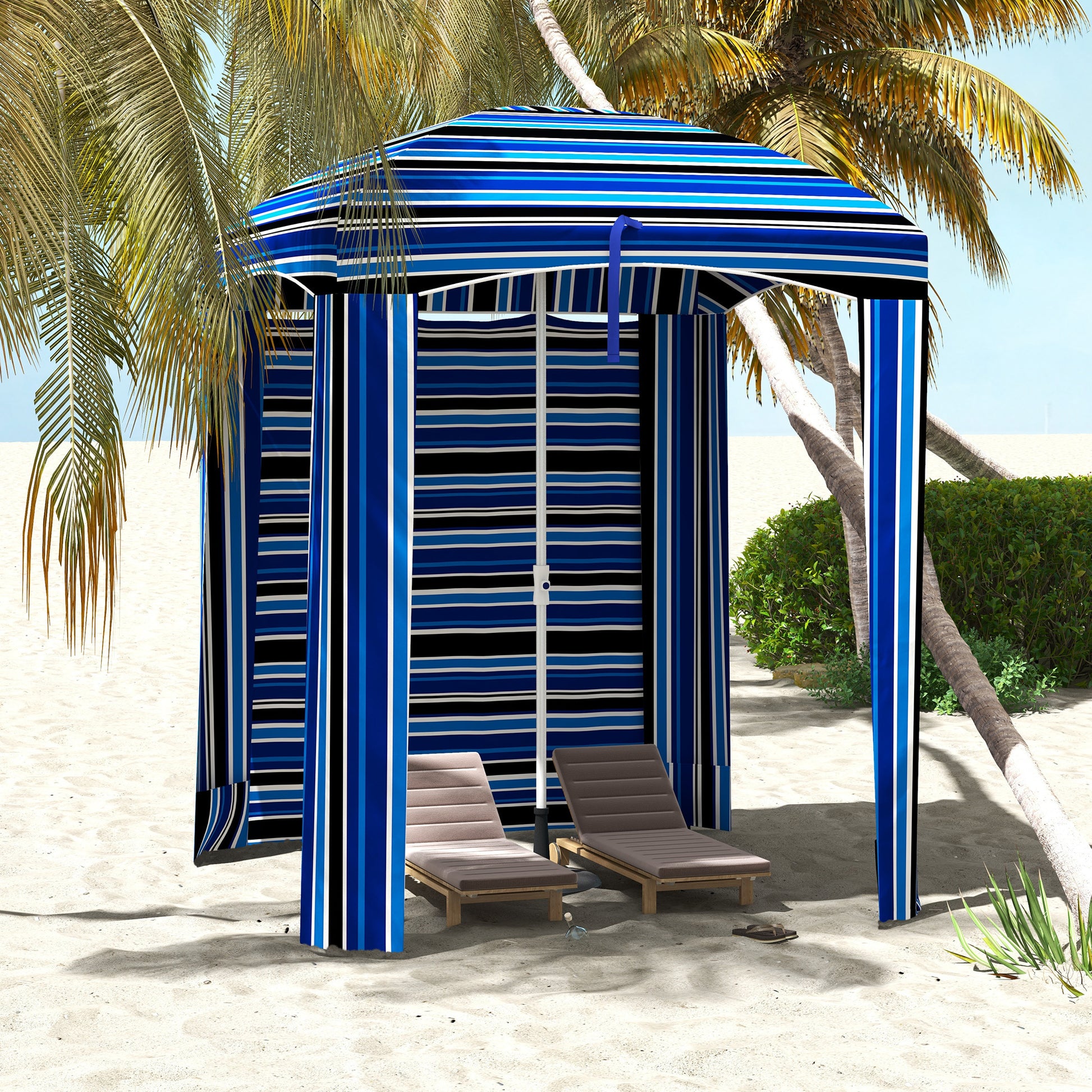 Outsunny 5.9' X 5.9' Portable Beach Umbrella, Ruffled Outdoor Cabana With Walls, Vents, Sandbags, Carry Bag, Blue Stripe Multicolor Polyester