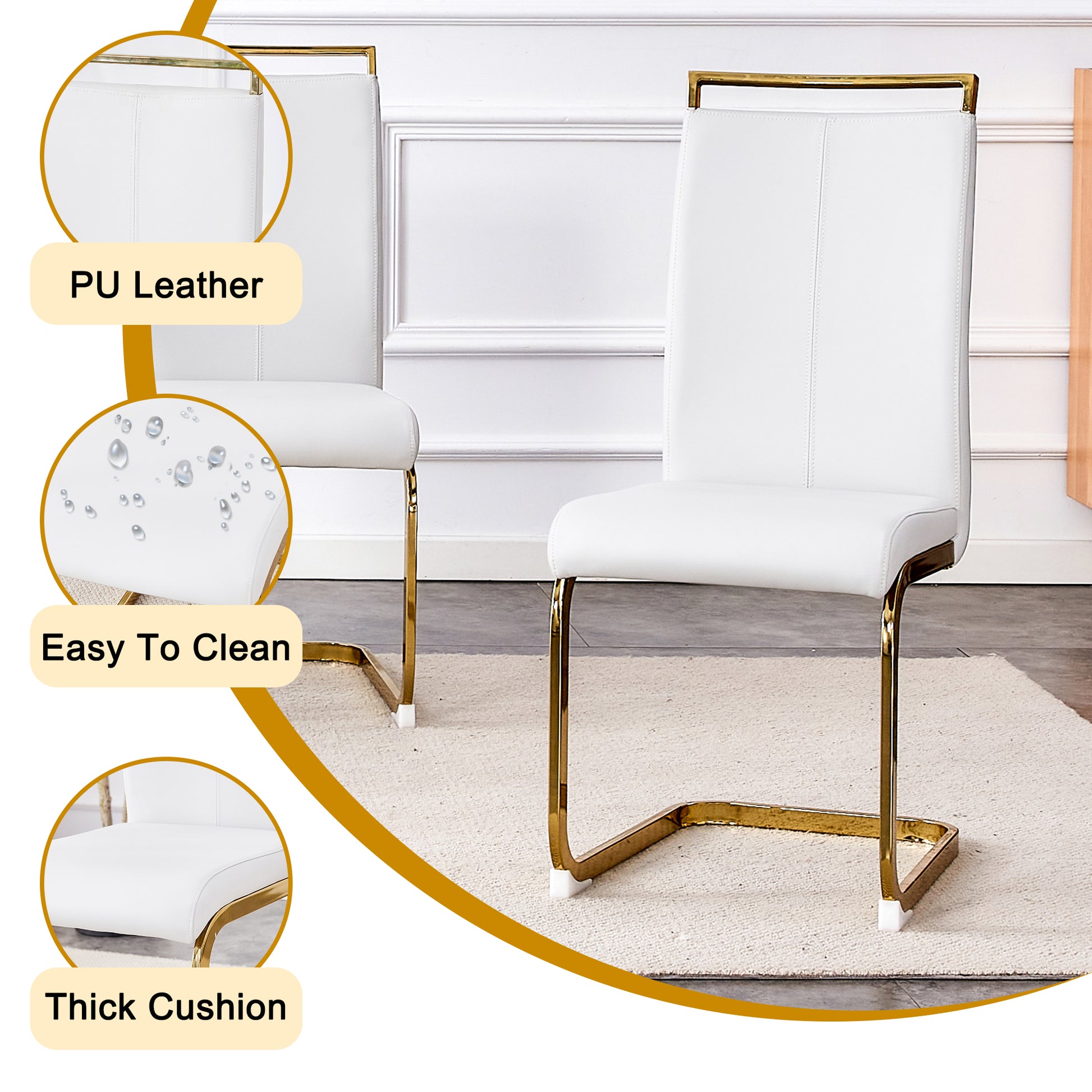 Table And Chair Set.Modern Rectangular Dining Table With Black Textured Stickers Glass Tabletop And Gold Plated Metal Legs.Paried With 6 Comfortable Chairs With Pu Seats And Golden Metal Legs. White Gold Seats 6 Glass Metal