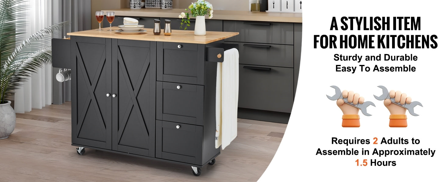 45.4" Farmhouse Black Rolling Kitchen Cart On Wheels With Storage Cabinet, Mobile Kitchen Island Cart With Drop Leaf Top, Spice Rack, Towel Bar, Adjustable Shelf, Drawers And Hooks Black Kitchen Rustic Rectangular Kitchen Carts Mdf Medium 40 55In