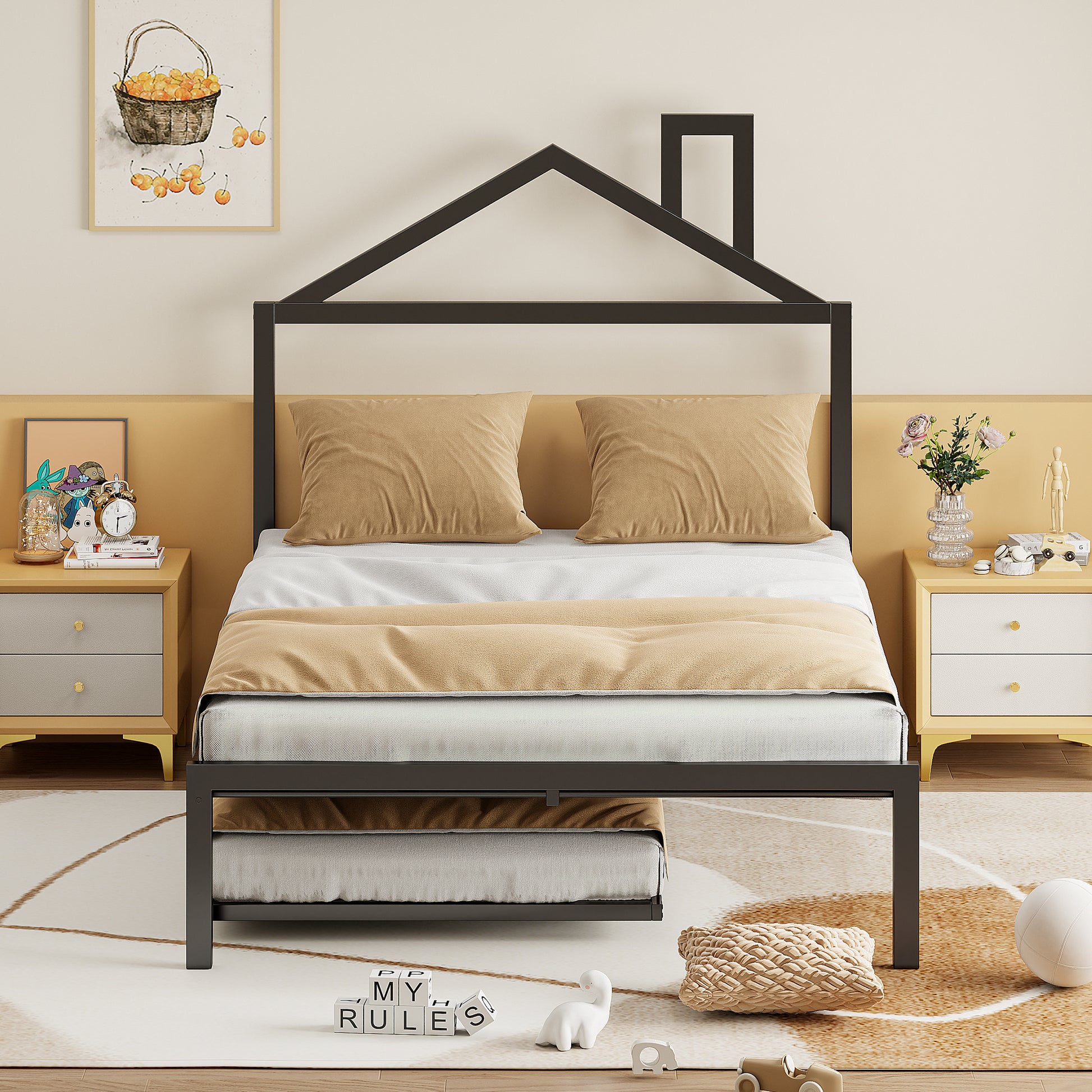 Full Size Metal Platform Bed With Twin Size Trundle,House Shaped Headboard Design, Black Full Black Metal