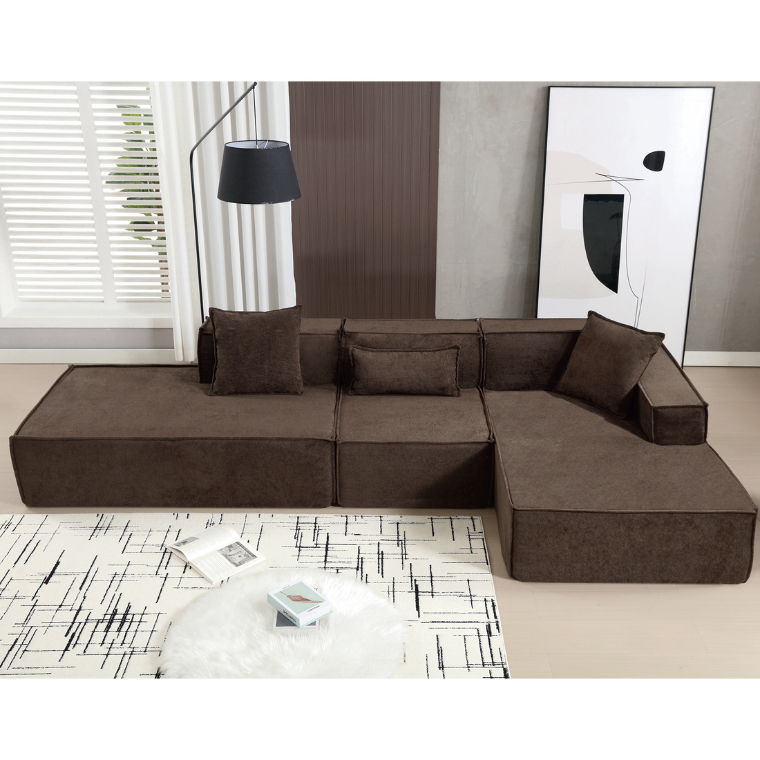 Modular Combination Living Room Sofa Set, Modern Minimalist Sofa, Free Installation Sofa, L Shaped, Italian Minimalist Tofu Block Sofa,Right Hand Facing, Terrycloth Fabric,Dark Brown Dark Brown Polyester Primary Living Space Soft Modern Polyester 3 Seat