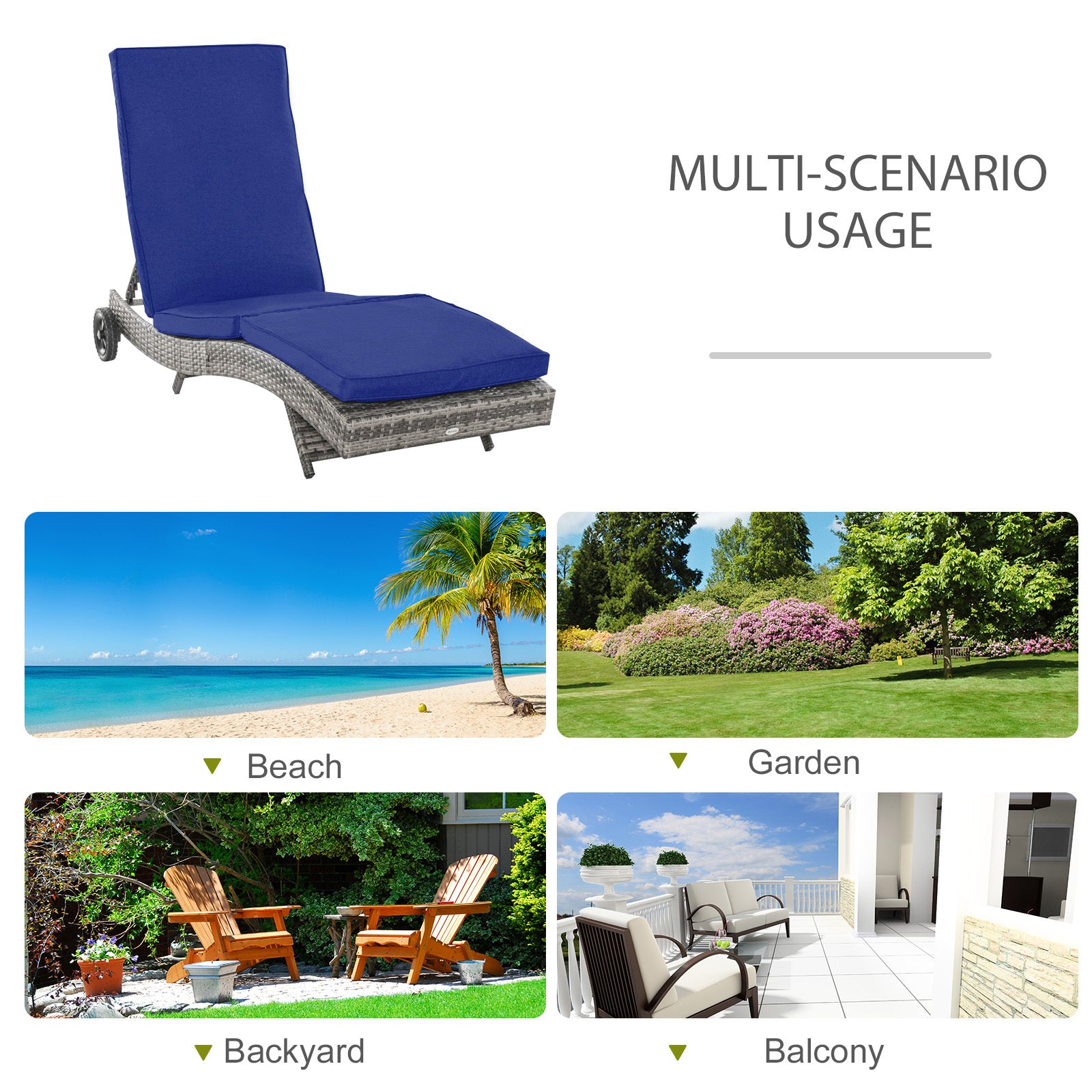 Outsunny Chaise Lounge Pool Chair, Outdoor Pe Rattan Cushioned Patio Sun Lounger W 5 Level Adjustable Backrest & Wheels For Easy Movement, Wicker, Dark Blue Blue Steel