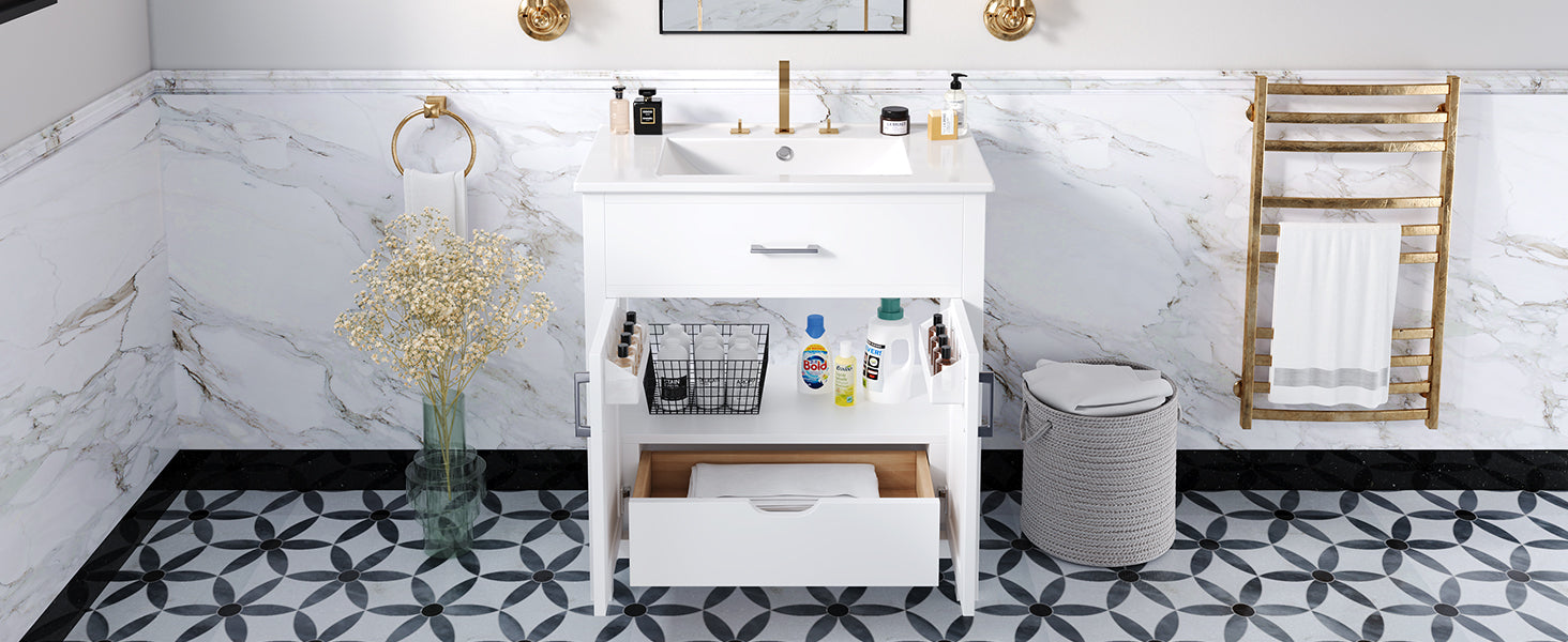30 Inch Bathroom Vanity With Ceramic Sink And Large Storage The Perfect Choice For Small Bathrooms White Bathroom Solid Wood Mdf