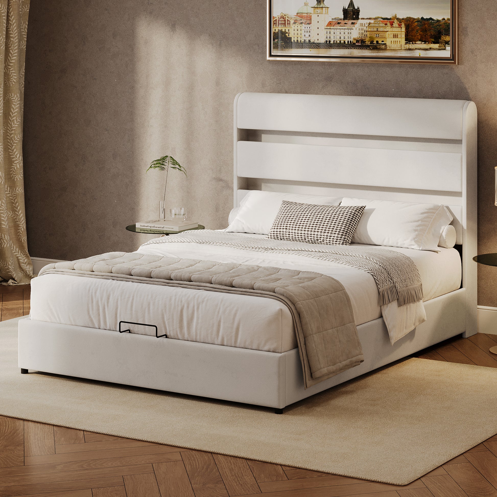 Upholstered Platform Queen Size Hydraulic Storage Bed, Lift Up Storage Bed With Rgb Led Light Headboard, No Box Spring Needed,Velvet,Beige Queen Beige Velvet Wood Metal