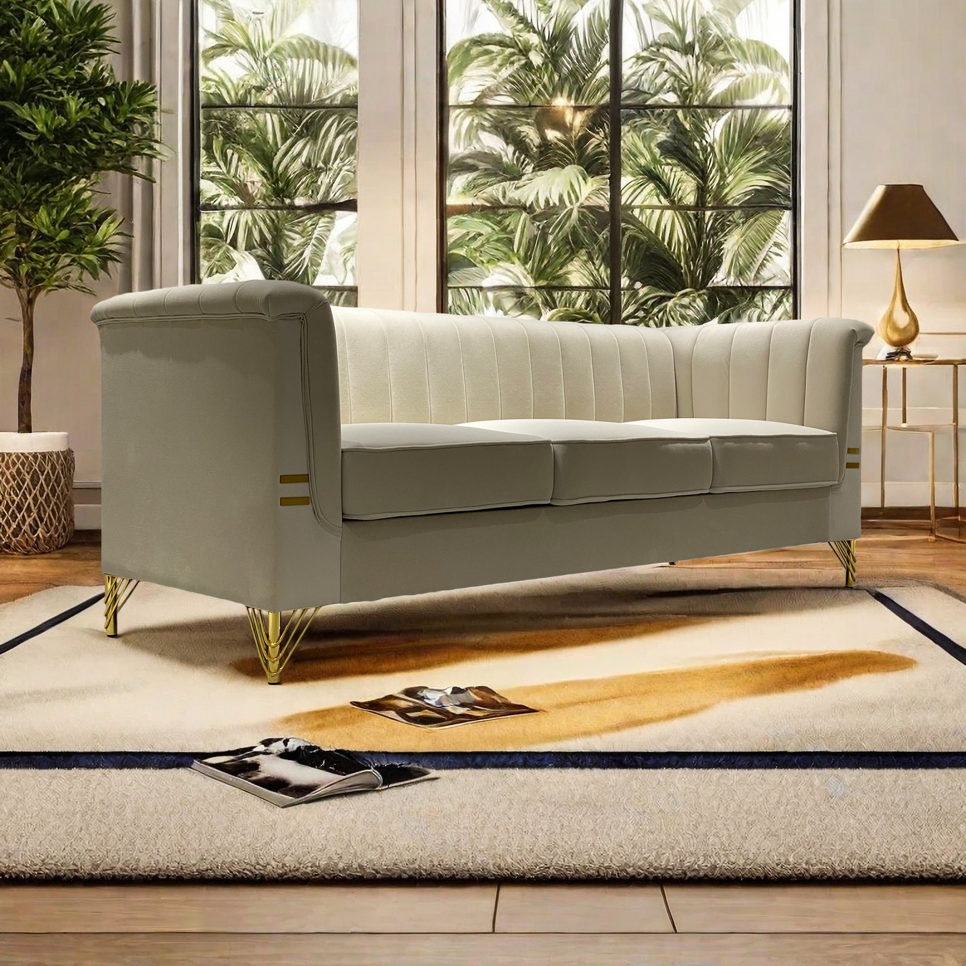 Fx P82 Be Sofa Modern Chenille Sofa, 82.67" Upholstered Couch With Bolster Armrest, 3 Seat Sofa For Living Room, Bedroom, Office, Apartment, Dorm, Beige Beige Velvet 3 Seat