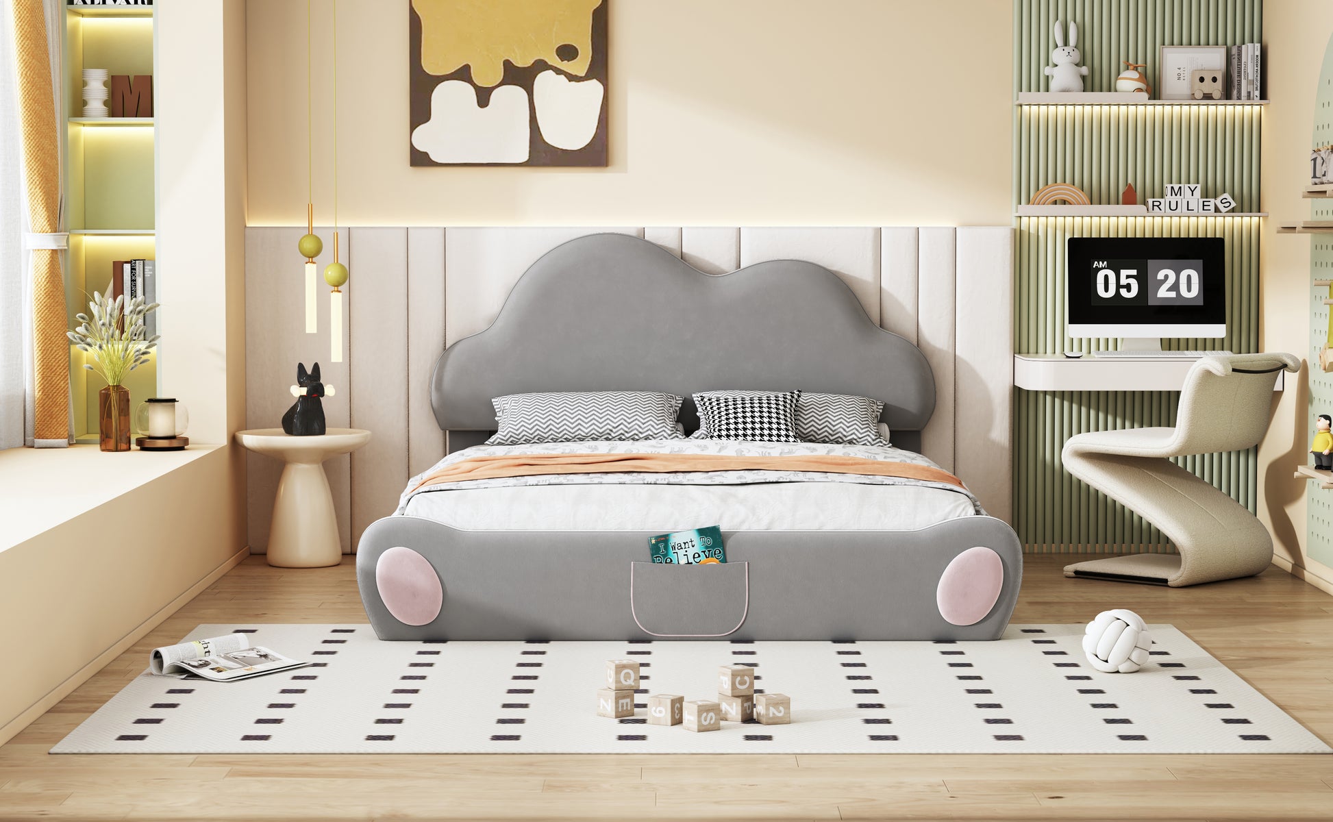 Queen Size Cloud Shaped Headboard Upholstered Platform Bed With Rounded Footboard And Pocket, Gray Queen Gray Velvet