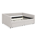 Queen Size Daybed With Two Drawers Trundle Upholstered Sofa Bed, With Vertical Stripes, Linen Fabric, Beige 86.5
