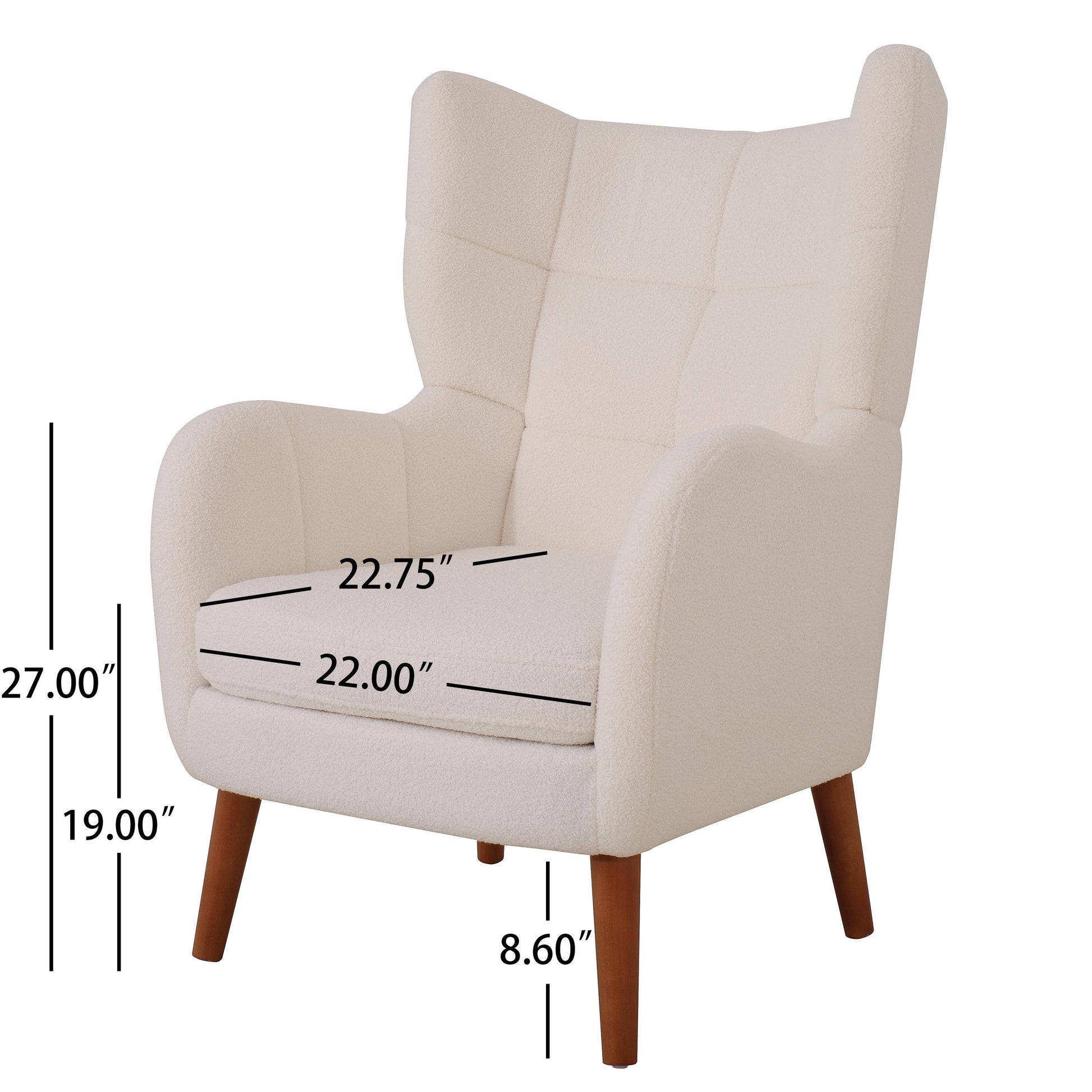 Mid Century Accent Chair, Ivory White, Modern Retro Club Chair, Birch Frame, Upholstered Teddy Wool Fabric, Single Sofa Armchair For Small Spaces, Living Room, Bedroom, Reading Corner, Balcony,Office Ivory White Espresso Primary Living Space
