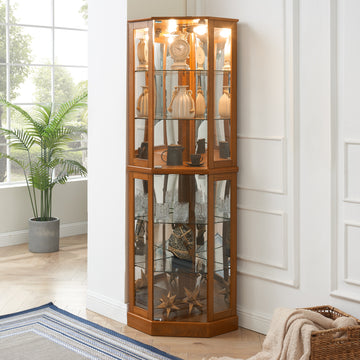 6 Shelf Corner Curio Display Cabinet With Lights, Mirrors And Adjustable Shelves, Oak E26 Light Bulb Not Included Oak Mdf